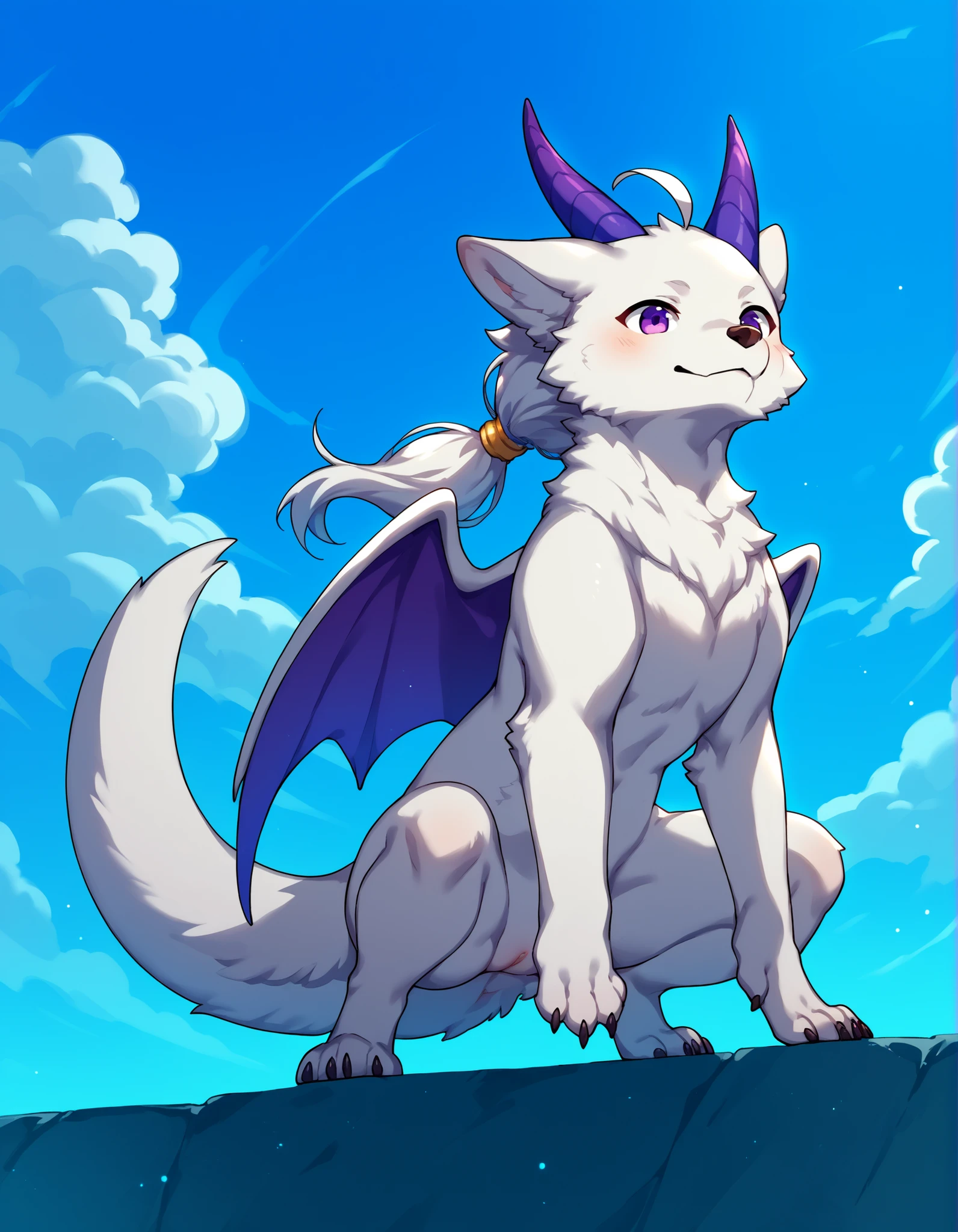 score_9,score_8_up,score_7_up, source_cartoon, solo, source_furry, masterpiece,high quality,animals(furry:10),chibi,(feral:10),tareme,(furry),short limb,white wolf legs(furry:3),white wolf hands(furry:3),white dragon face(furry),flat chest,yellow flat and long horn on side head, (sky blue long low ponytail hair:7),sky blue ahoge,white fur(furry),white thick and long tail(furry:3),dark purple dragon wings(furry),plump,purple eye,full body,pussy,nsfw,naked,squatting open legs