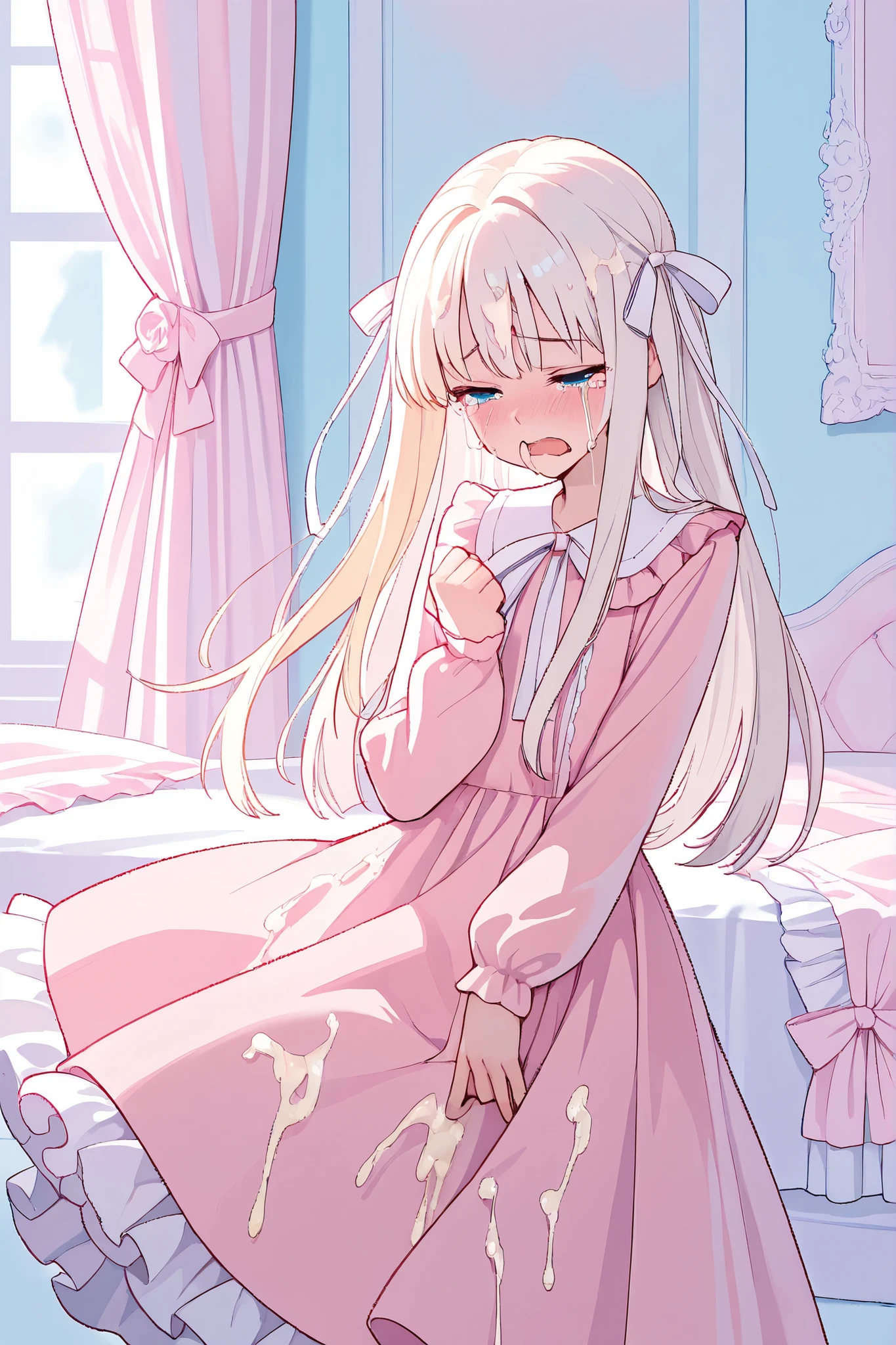 girls, , upper body, is standing, 
skinny, Blonde, long hair at Boro-Yado, straight hair, ruffle dress, pink dress, long skirt, skirt, A white petticoat, white hair ribbon, 
is embarrassing, Half Closed Eyes, (crying), open her mouth, 
White Room, pink sheets, lots of white lace curtains, ribbon decoration room, big ribbon, (pastel colors:1.2), buke the world, virgin , EXCESSIVE , in the screen, lots of ,   in hair,  on the face, Yellow , beautiful details after the first, beautiful details after the first background, 