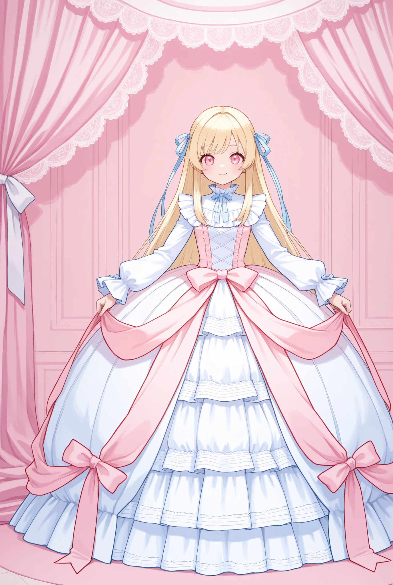girls, Blonde, long hair at Boro-Yado, straight hair, hair ribbon, very large ribbon, ruffle princess dress, long sleeve,full length ball gown dress, hoop skirt ,long skirt, skirt, White Stockings, pastel colors, full body shot, look to the future, is embarrassing, smile, Front Map, pastel colors, pink room, lots of white lace curtains, ribbon decoration room, giant ribbon,