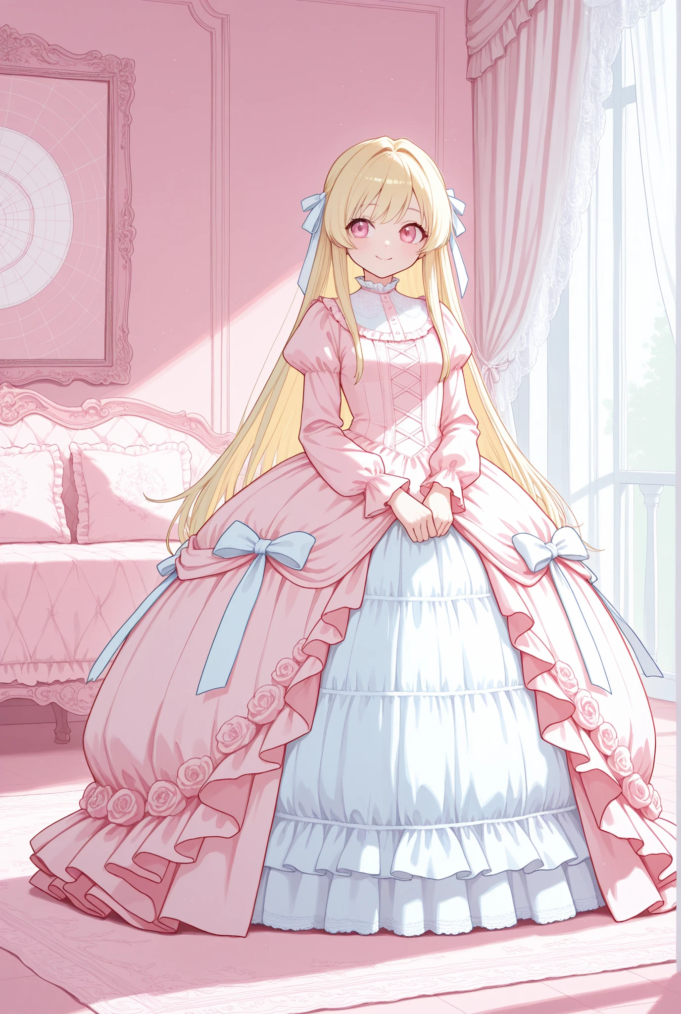 girls, Blonde, long hair at Boro-Yado, straight hair, hair ribbon, very large ribbon, ruffle princess dress, long sleeve,full length ball gown dress, hoop skirt ,long skirt, skirt, White Stockings, pastel colors, full body shot, look to the future, is embarrassing, smile, Front Map, pastel colors, pink room, lots of white lace curtains, ribbon decoration room, giant ribbon,