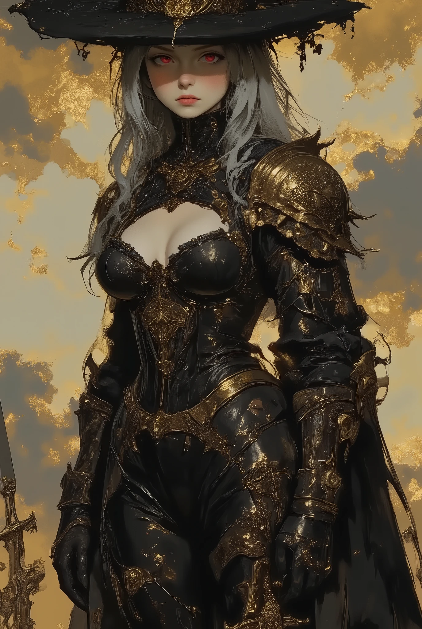 a striking female character, rendered in a realistic fantasy style. She stands confidently against a backdrop of a cloudy, golden-hued sky. The character is dressed in an elaborate, dark, almost black, Gothic-inspired outfit. She wears a wide-brimmed black hat adorned with a circular, ornate gold emblem. Her long, wavy silver hair cascades down her back, contrasting with her dark attire.
Her face is partially obscured by the hat's brim, revealing only her red eyes and full lips, which are painted a subtle red. She has a stern, confident expression. She wears a high-collared, black corset-style top with intricate gold embroidery and a large, gold brooch at the collar. A black cape with gold epaulettes drapes over her shoulders, adding to her commanding presence.
Her gloves are black with gold accents, and she holds a sword in each hand, the blades gleaming with a metallic sheen. Her black pants are form-fitting, and she wears thigh-high boots with gold detailing. The background is slightly blurred, focusing attention on the character, and the overall color palette is dominated by blacks, golds, and muted golds, enhancing the dramatic and mysterious atmosphere of the illustration.