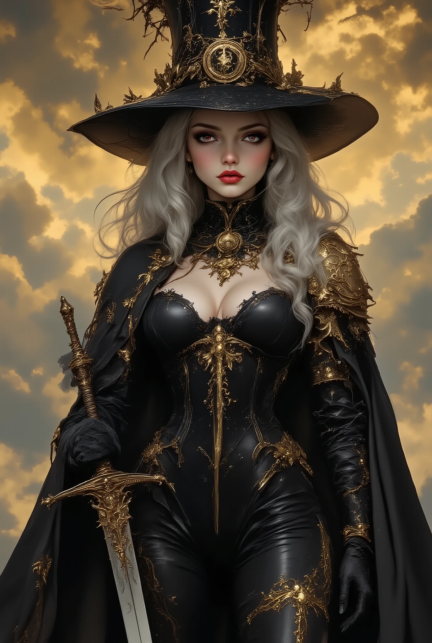 a striking female character, rendered in a realistic fantasy style. She stands confidently against a backdrop of a cloudy, golden-hued sky. The character is dressed in an elaborate, dark, almost black, Gothic-inspired outfit. She wears a wide-brimmed black hat adorned with a circular, ornate gold emblem. Her long, wavy silver hair cascades down her back, contrasting with her dark attire.
Her face is partially obscured by the hat's brim, revealing only her red eyes and full lips, which are painted a subtle red. She has a stern, confident expression. She wears a high-collared, black corset-style top with intricate gold embroidery and a large, gold brooch at the collar. A black cape with gold epaulettes drapes over her shoulders, adding to her commanding presence.
Her gloves are black with gold accents, and she holds a sword in each hand, the blades gleaming with a metallic sheen. Her black pants are form-fitting, and she wears thigh-high boots with gold detailing. The background is slightly blurred, focusing attention on the character, and the overall color palette is dominated by blacks, golds, and muted golds, enhancing the dramatic and mysterious atmosphere of the illustration.