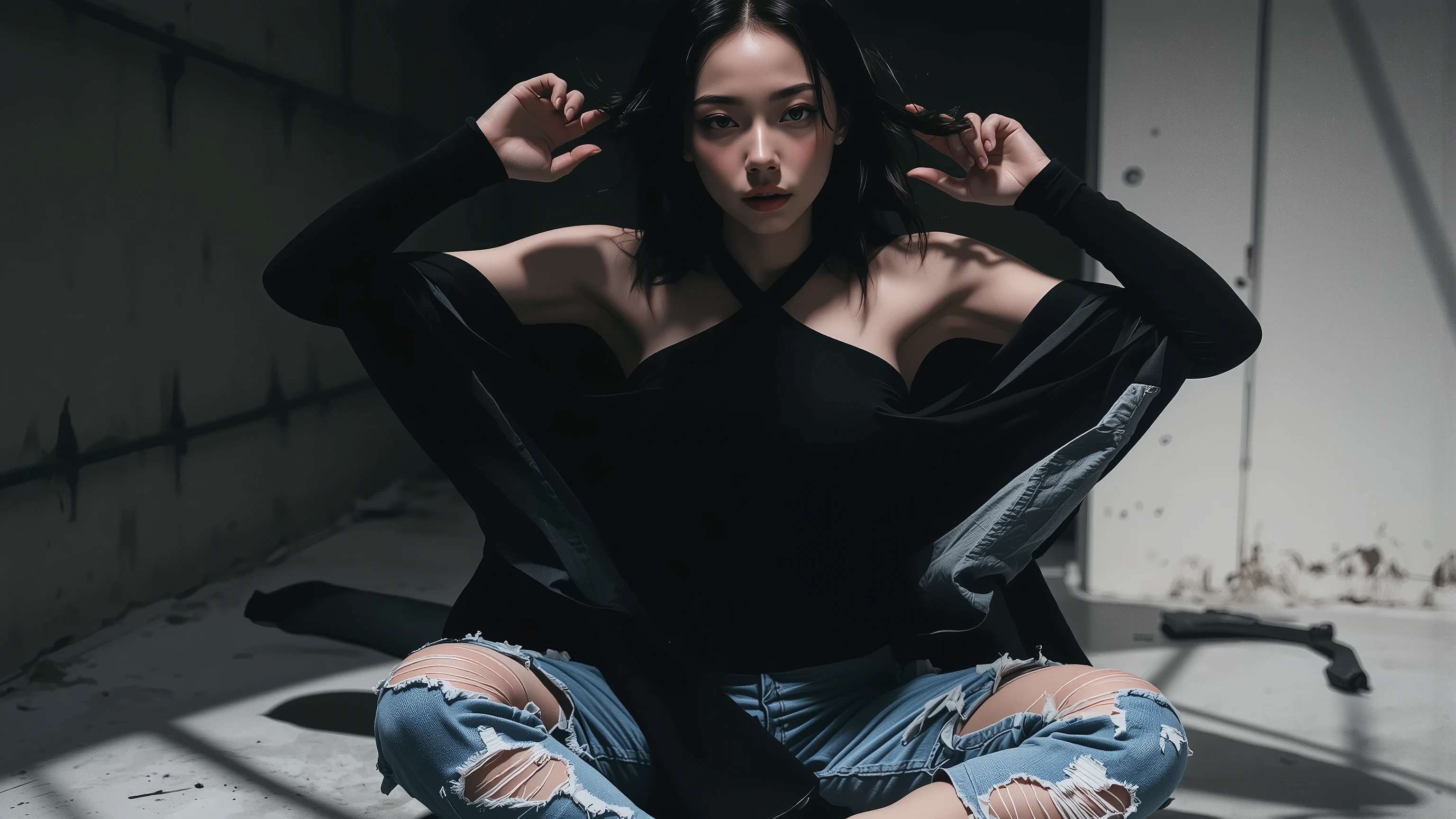 one woman、solo、best quality, perfect depiction,upper body shot, dark corner shot, black long sleeve top with open shoulders, Stylish Damaged Denim, Stand up, make a gun with your hands and point it at the viewer,Boundary of Darkness, The Formative Beauty of Shadows, tense air, monochrome color, Artistic Shadows