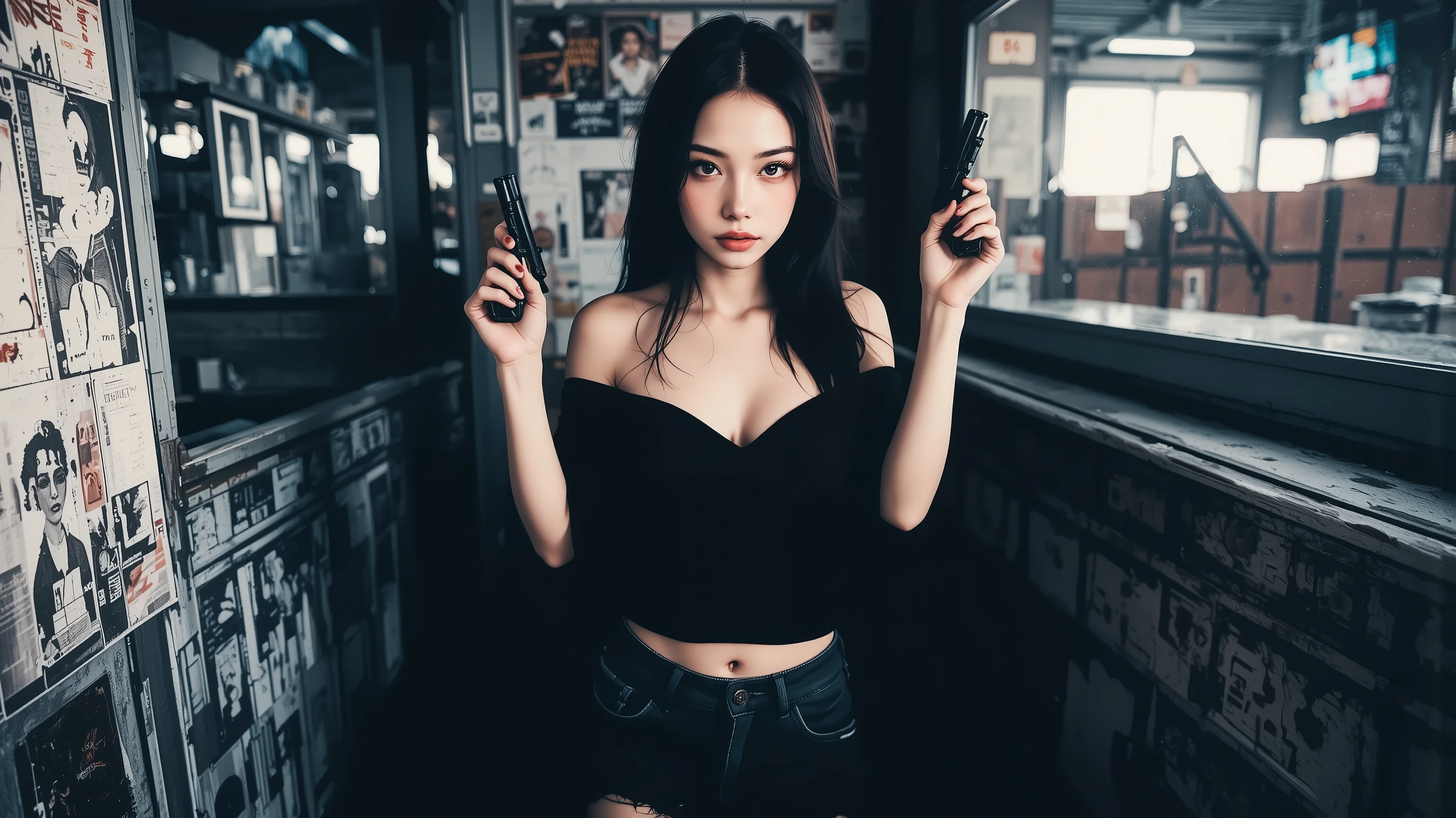 one woman、solo、best quality, perfect depiction,upper body shot, dark corner shot, black long sleeve top with open shoulders, Stylish Damaged Denim, Stand up, make a gun with your hands and point it at the viewer,Boundary of Darkness, The Formative Beauty of Shadows, tense air, monochrome color, Artistic Shadows