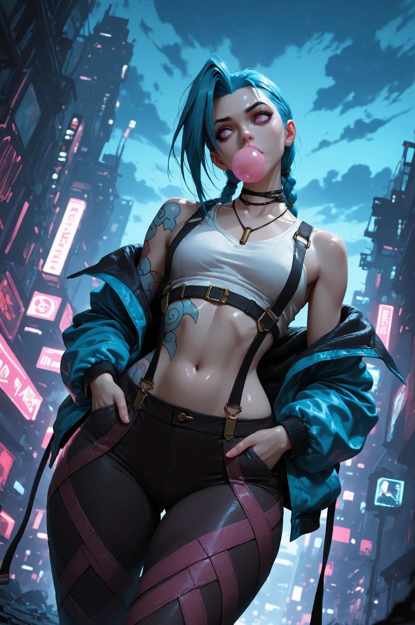 masterpiece, best quality, vibrant, very aesthetic, high contrast, semrealistic, newest,
scenery, neon rim light, dark, jinx from arcane, medium perky breasts, wide hips, huge butt, thick thighs, black leggings, crop top white shirt, (neon suspenders:1.2), teal open jacket, off-shoulder, , sidelocks over shoulder,cowboy shot,from below, dutch angle, shiny dark eyes,looking away, hands in jacket pockets, chewing gum, face focus, fine fabric emphasis, dynamic walking pose, twisty pose, head tilt, navel, wide shot, shiny skin, cyberpunk, BREAK, eyes, detailed eyes, masterpiece, best quality, amazing quality, very aesthetic, high resolution, ultra-detailed, absurdres, newest, scenery, depth of field, volumetric lighting, blue cloud tattoo on right arm and right side of body including  neck 