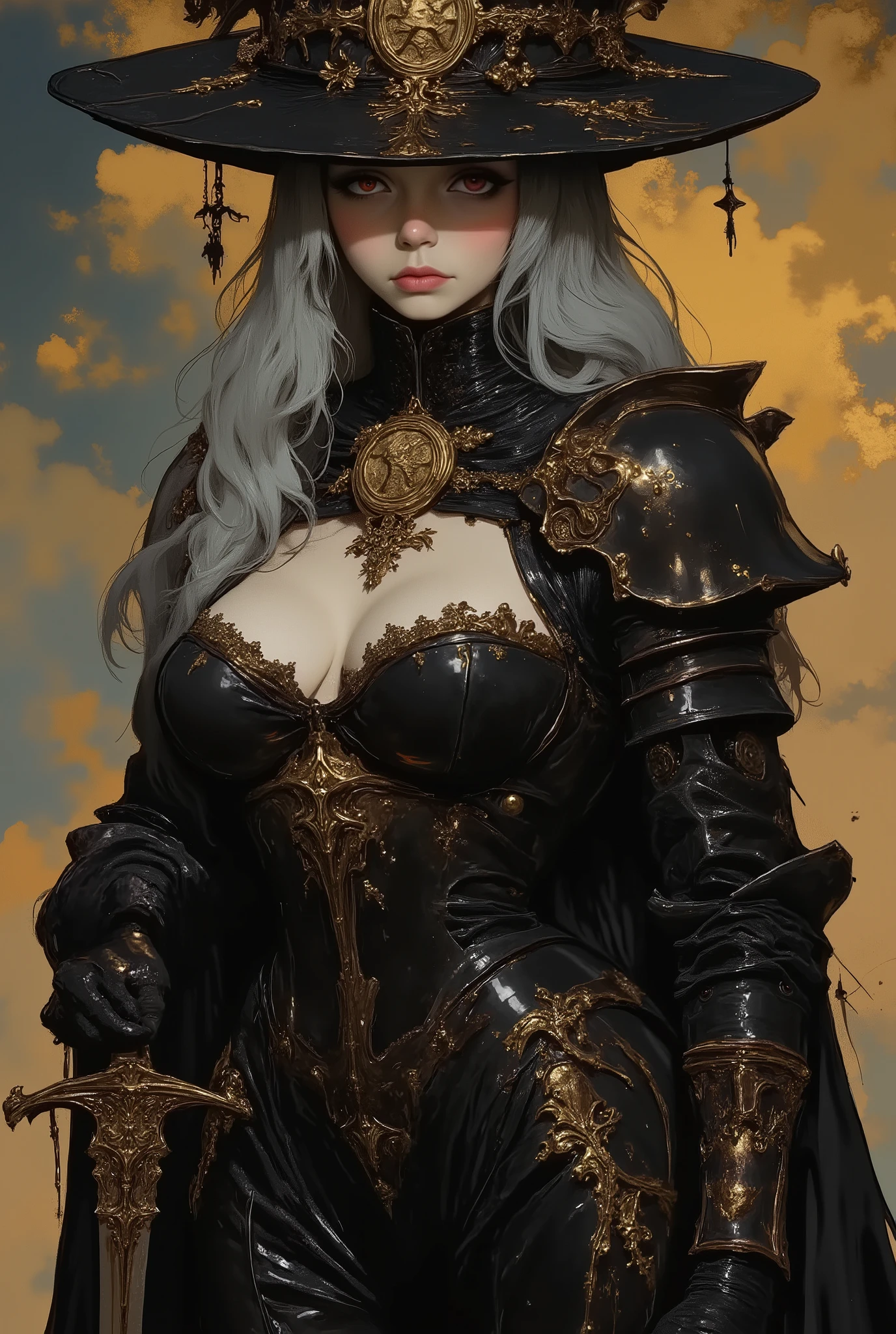 a striking female character, rendered in a realistic fantasy style. She stands confidently against a backdrop of a cloudy, golden-hued sky. The character is dressed in an elaborate, dark, almost black, Gothic-inspired outfit. She wears a wide-brimmed black hat adorned with a circular, ornate gold emblem. Her long, wavy silver hair cascades down her back, contrasting with her dark attire. Her face is partially obscured by the hat's brim, revealing only her red eyes and full lips, which are painted a subtle red. She has a stern, confident expression. She wears a high-collared, black corset-style top with intricate gold embroidery and a large, gold brooch at the collar. A black cape with gold epaulettes drapes over her shoulders, adding to her commanding presence. Her gloves are black with gold accents, and she holds a sword in each hand, the blades gleaming with a metallic sheen. Her black pants are form-fitting, and she wears thigh-high boots with gold detailing. The background is slightly blurred, focusing attention on the character, and the overall color palette is dominated by blacks, golds, and muted golds, enhancing the dramatic and mysterious atmosphere of the illustration.