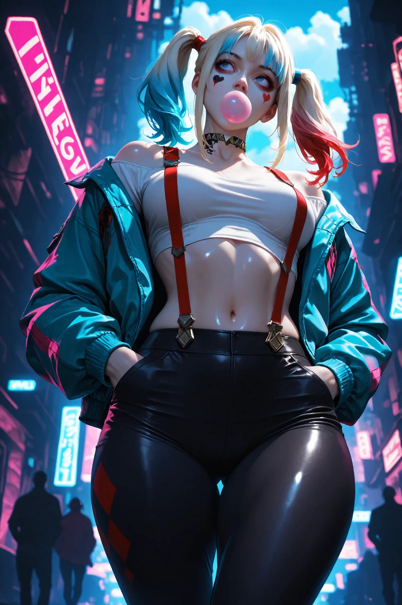 masterpiece, best quality, vibrant, very aesthetic, high contrast, semrealistic, newest,
scenery, neon rim light, dark, Harley Quinn, medium perky breasts, wide hips, huge butt, thick thighs, black leggings, crop top white shirt, (neon suspenders:1.2), teal open jacket, off-shoulder, , sidelocks over shoulder,cowboy shot,from below, dutch angle, shiny dark eyes,looking away, hands in jacket pockets, chewing gum, face focus, fine fabric emphasis, dynamic walking pose, twisty pose, head tilt, navel, wide shot, shiny skin, cyberpunk, BREAK, eyes, detailed eyes, masterpiece, best quality, amazing quality, very aesthetic, high resolution, ultra-detailed, absurdres, newest, scenery, depth of field, volumetric lighting, blue cloud tattoo on right arm and right side of body including neck