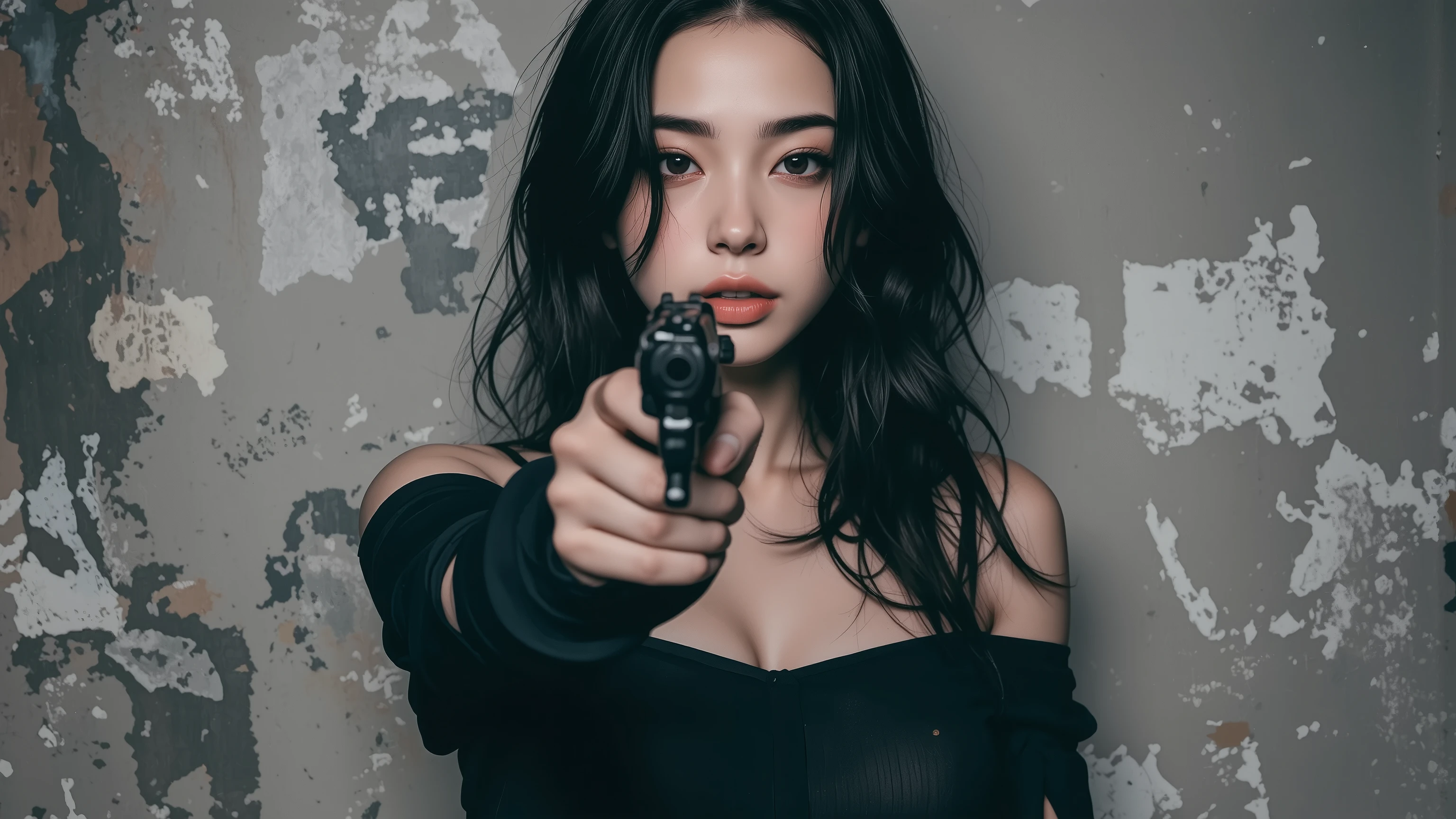one woman、solo、best quality, perfect depiction,upper body shot, dark corner shot, black long sleeve top with open shoulders, Stylish Damaged Denim, Stand up and point one hand in the shape of a gun at the viewer,Boundary of Darkness, The Formative Beauty of Shadows, tense air, monochrome color, Artistic Shadows