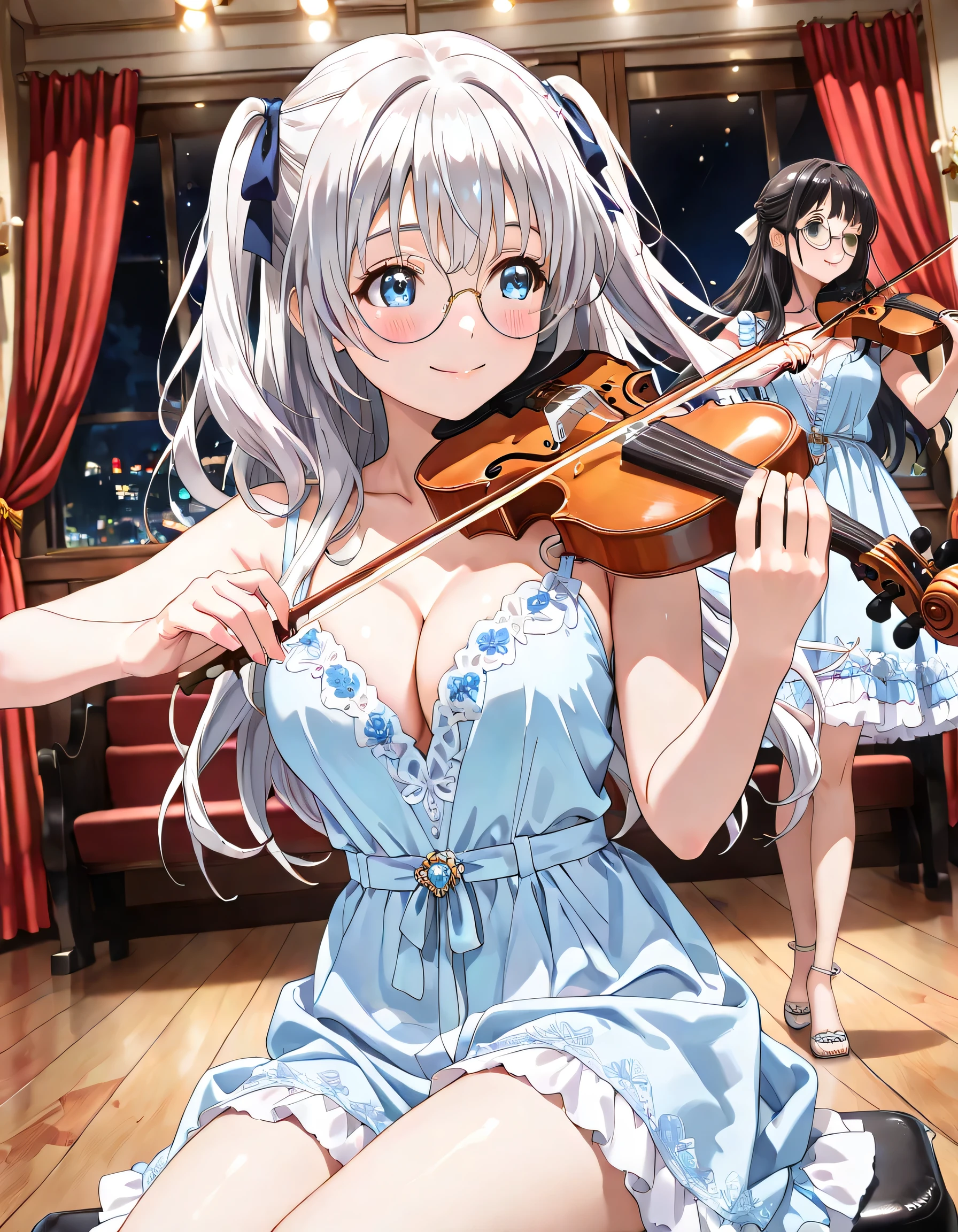 ((ultra-detailed)), (highly detailed CG illustration), (best quality:1.3), ultra-highly detailed, colorful composition, artistic photoshoot, 2girls, multiple girls, moe anime character, Anime-style, harmonious color palette, ethereal ambiance, dainty facial structure, round face, rounded chin:1.2, short stature, blue eyes:1.3, droopy eyes:1.3, silver hair:1.3, long hair, two side up, hair ribbon with black, ample breasts, thick eyebrows, brown eyes, droopy eyes, black hair:1.3, long hair, half updo, (wearing glasses:1.3), (round eyewear:1.3), ample breasts, bejeweled dress, gemstone embellishment, smile:1.3, happy:1.3, joyful:1.3, blush:1.3, eye contact, flowing hair in the wind, standing and playing the violin, violin, holding violin, holding bow (music), sitting and playing the cello, from front, angled angle, looking away, cowboy shot, concert hall stage, wooden floor, velvet curtains, spotlight beams, elegant atmosphere, night, sidelighting, dynamic pose, contrapposto pose, best quality, masterpiece, cinematic lighting, 8K resolution, portrait, depth of field, caustics, ray tracing, perfect face, lustrous skin, highly detailed face, highly detailed eyes, perfect face, perfect nose, perfect hair, perfect eyes, beautiful hair, beautiful small face, extremely detailed face, beautiful detailed eyes, beautiful clavicle, beautiful body, beautiful ample breasts, cleavage, breasts squeezed together, beautiful thin thighs, beautiful legs, beautiful fingers, 4 fingers, 1 thumb, lovely, (very detailed background:1.0), (highly detailed background:1.0), pastel colors palette, kawaii aesthetic, intricate details, girly atmosphere, chromatic aberration