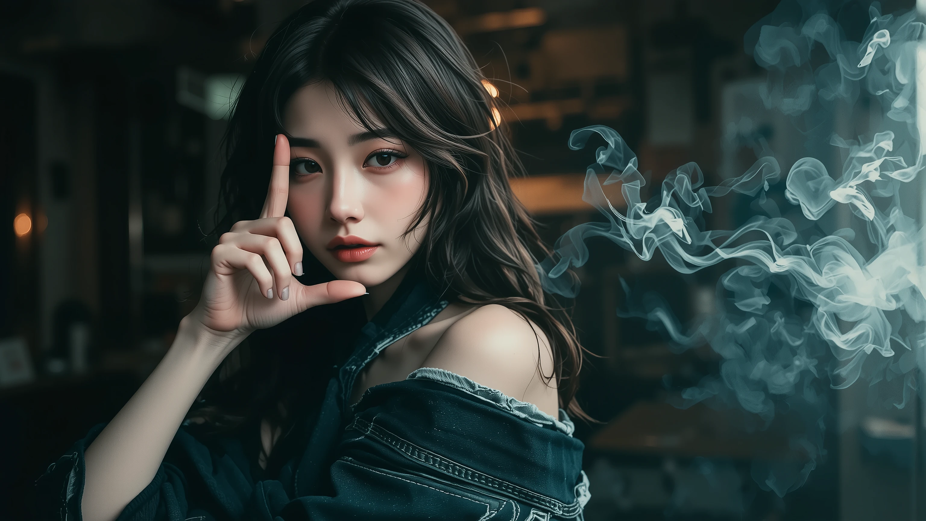 one woman、solo、best quality, perfect depiction,upper body shot, dark corner shot, black long sleeve top with open shoulders, Stylish Damaged Denim, Stand up and point one hand in the shape of a gun at the viewer,Boundary of Darkness, The Formative Beauty of Shadows, tense air, monochrome color, Artistic Shadows