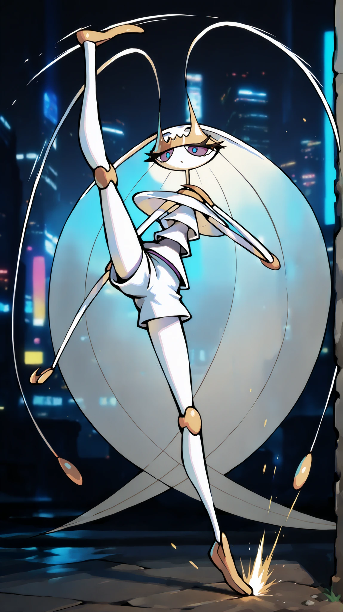 Pheromosa from Pokemon, White Body,Thin Waist, Very Thin Waist, Wasp Waist, Solo,vibrant colors, cel shading, Simplistic Art Style, solo,((round kick:1.3)),side view,(action:1.3),(acrobat:1.3),{cyberpunk background}