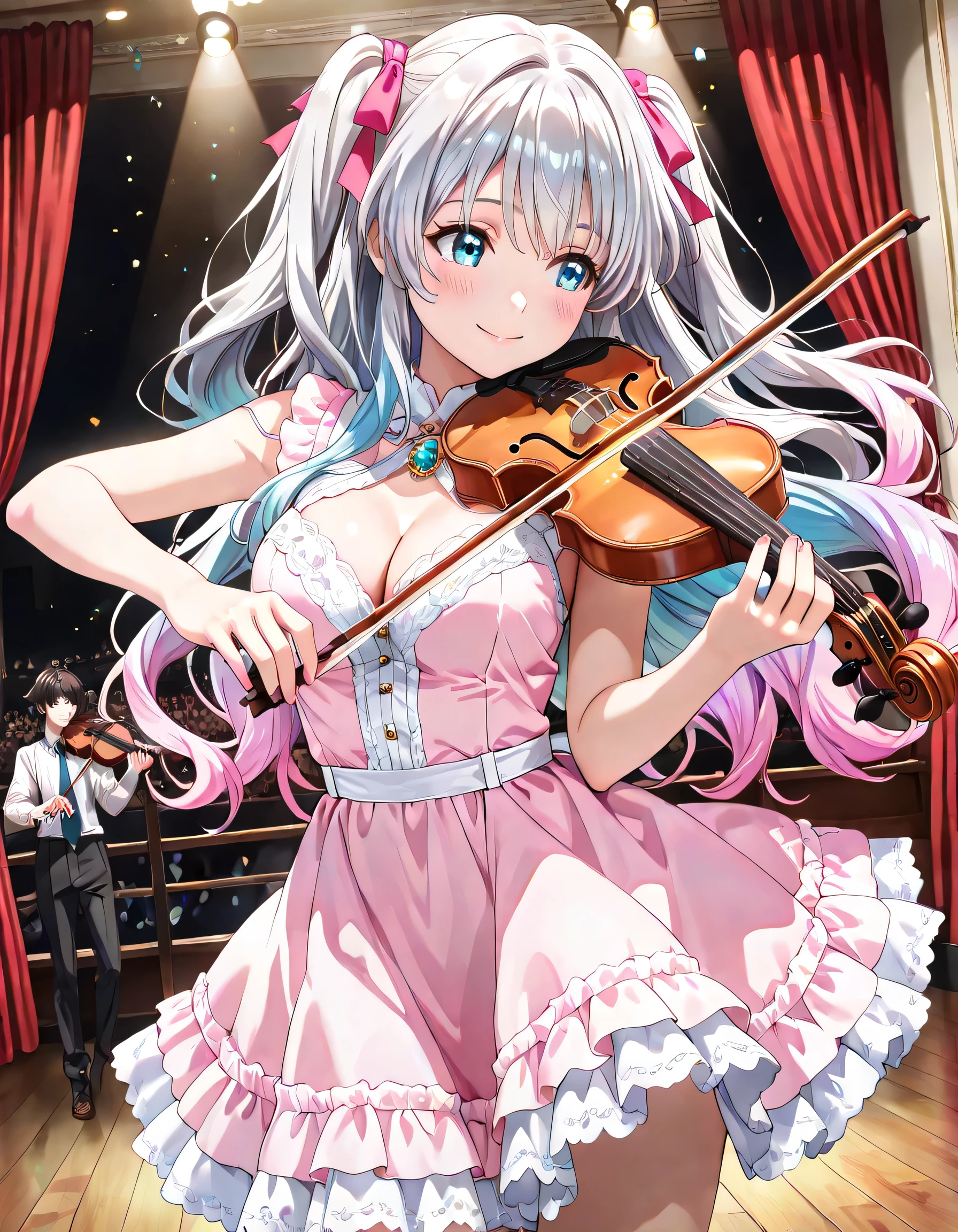 ((ultra-detailed)), (highly detailed CG illustration), (best quality:1.3), ultra-highly detailed, colorful composition, artistic photoshoot, 1girl, solo focus, moe anime character, Anime-style, harmonious color palette, ethereal ambiance, dainty facial structure, round face, rounded chin:1.2, short stature, blue eyes:1.3, sagging eyes:1.3, (silver hair:1.4), [(gradient hair from silver to pink:1.4):0.4], long hair, two side up hairstyle, delicate curls, soft shading, hair ribbon with black, ample breasts, gemstone embellishment, smile:1.3, happy:1.3, joyful:1.3, blush:1.3, flowing hair in the wind, standing and playing the violin, violin, holding violin, holding bow (music), from front, angled angle, looking away, cowboy shot, concert hall stage, wooden floor, velvet curtains, spotlight beams, elegant atmosphere, night, sidelighting, dynamic pose, contrapposto pose, best quality, masterpiece, cinematic lighting, 8K resolution, portrait, depth of field, caustics, ray tracing, perfect face, lustrous skin, highly detailed face, highly detailed eyes, perfect face, perfect nose, perfect hair, perfect eyes, beautiful hair, beautiful small face, extremely detailed face, beautiful detailed eyes, beautiful clavicle, beautiful body, beautiful ample breasts, cleavage, breasts squeezed together, beautiful thin thighs, beautiful legs, beautiful fingers, 4 fingers, 1 thumb, lovely, (very detailed background:1.0), (highly detailed background:1.0), pastel colors palette, kawaii aesthetic, intricate details, girly atmosphere, chromatic aberration