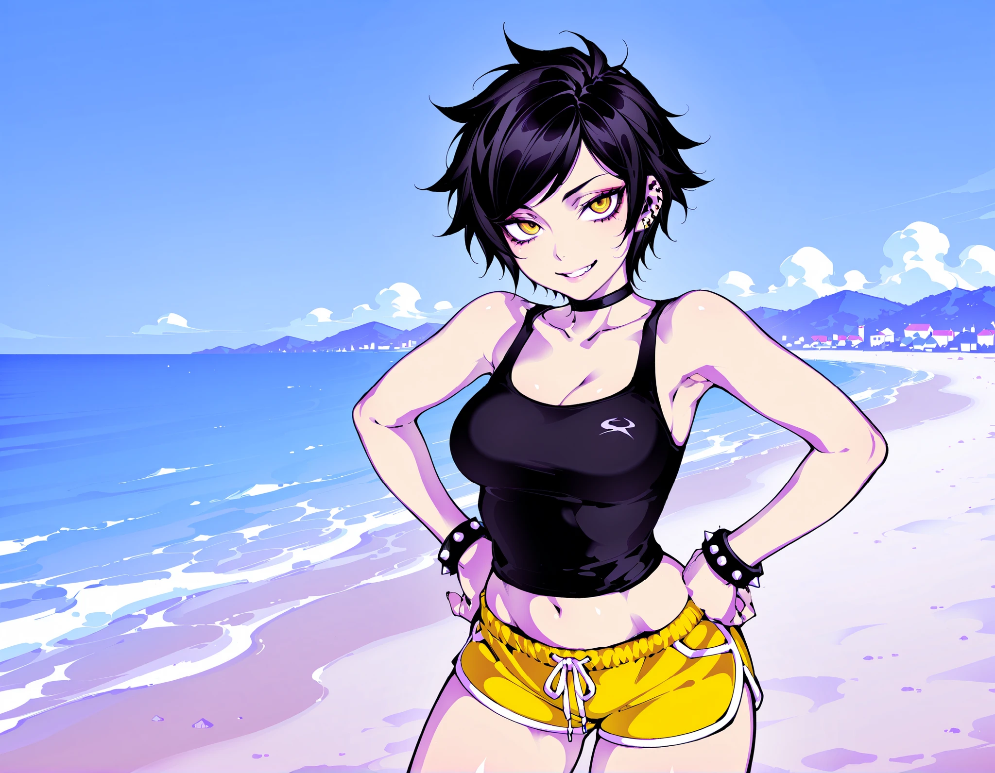 Source_anime, fishine style, 1girl, solo, punk girl BREAK 

Short hair, black hair, swept bangs, yellow eyes, emotionless eyes, medium breasts, spiked hair, messy hair BREAK 

Black tank top, navel, collarbone, black choker, spiky bracelet, black bracelet, yellow shorts , dolphin shorts BREAK  

Looking at viewer, teasing smile, closed mouth, teeth, hands on hips, standing,

Outdoors, blue sky, beach, coast plains, town, tr0p1c4l