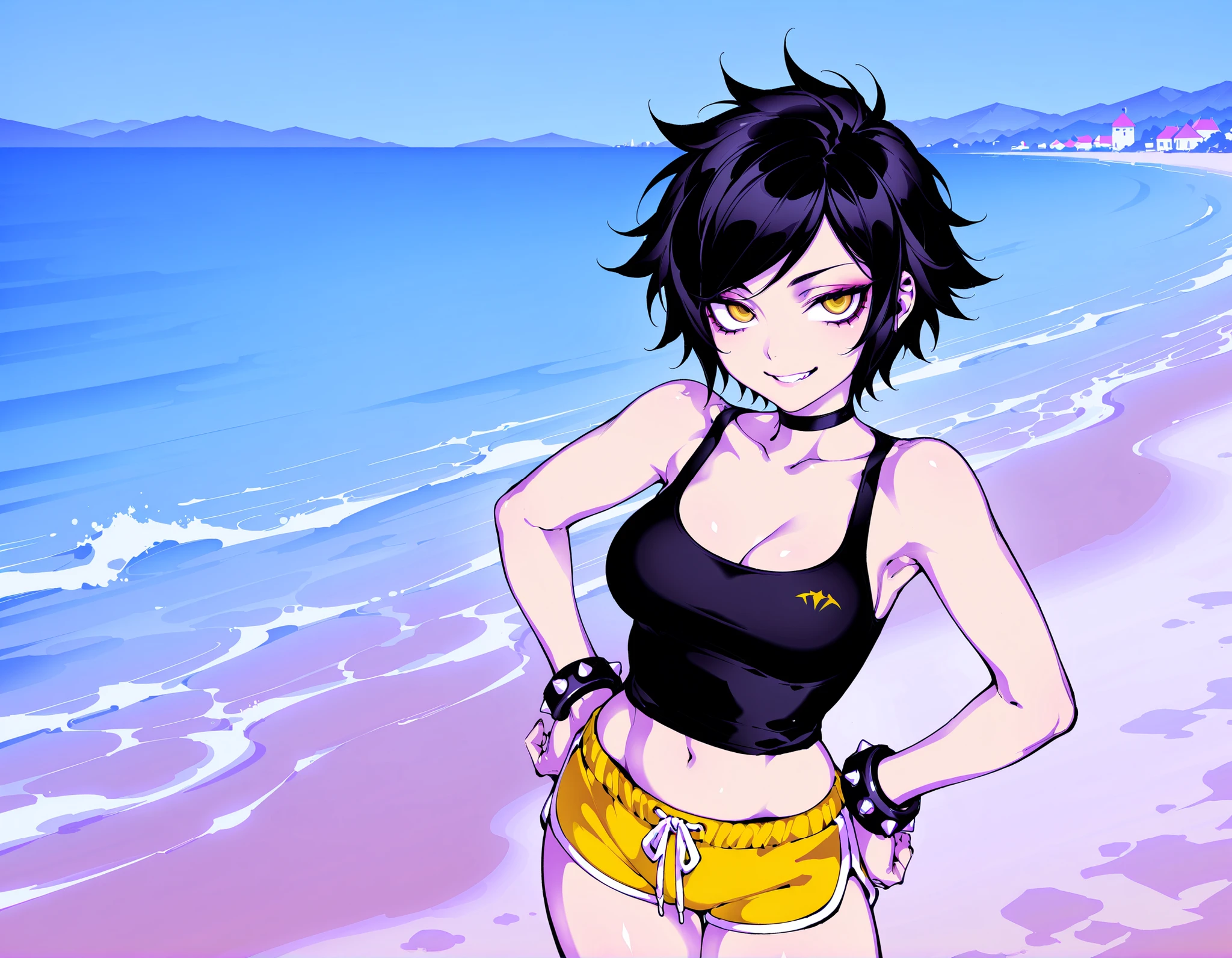 Source_anime, fishine style, 1girl, solo, punk girl BREAK 

Short hair, black hair, swept bangs, yellow eyes, emotionless eyes, medium breasts, spiked hair, messy hair BREAK 

Black tank top, navel, collarbone, black choker, spiky bracelet, black bracelet, yellow shorts , dolphin shorts BREAK  

Looking at viewer, teasing smile, closed mouth, teeth, hands on hips, standing,

Outdoors, blue sky, beach, coast plains, town, tr0p1c4l
