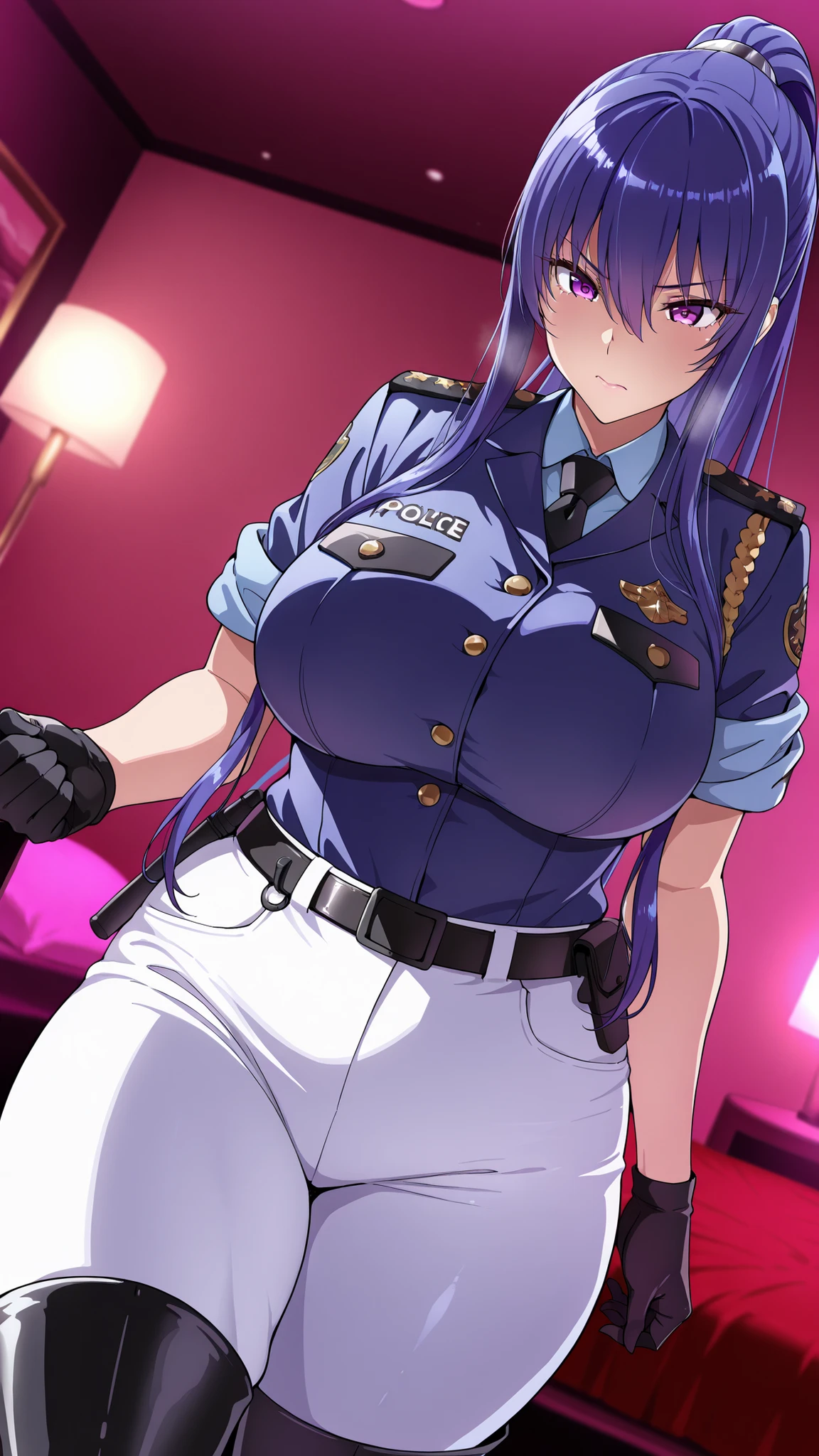 hotel room is dark,at an angle,Akiyama Rinko(ponytail),policewoman,good-looking woman,serious face,White Pants,belt,black thigh high boots,Jacket with rolled up arms,black gloves,thick thighs,erotic face