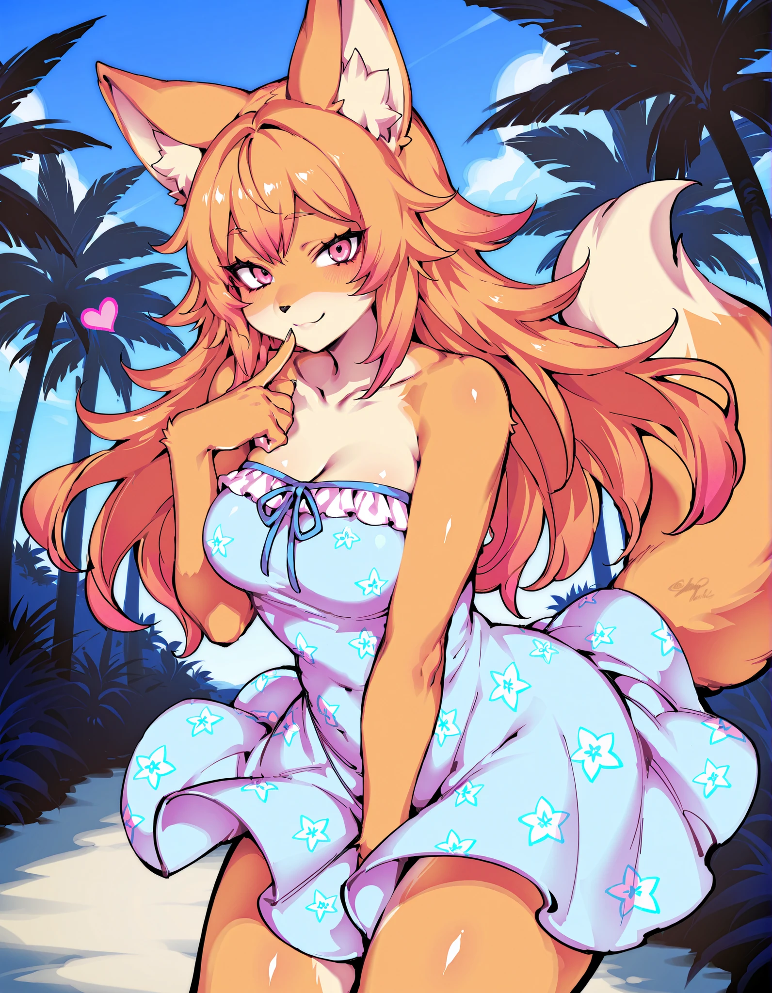 Source_anime, fishine style, 1girl, solo, Suurin, suurin \(ksyaro\), suurin 2, furry dog girl BREAK 

Dog ears and tail, (furry, kemono), orange hair BREAK bangs, pink eyes BREAK long hair, (orange fur skin, body fur), medium breasts, yellow belly BREAK  

Floral print sundress, white sundress, bare shoulders, sleeveless, collarbone, strapless BREAK  

Looking at viewer, teasing smile, closed mouth, arm between legs, finger to mouth, heart, standing,

Outdoors, tropical forest, daytime, Blue sky, tr0p1c4l