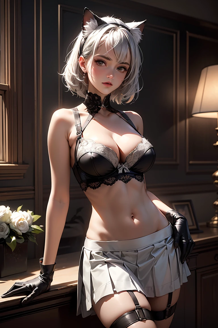((((masterpiece, best quality, high resolution)))), (1girl:1.5), ((short wavy hair, bob cut, white hair, red eyes, earrings, choker)), (large breasts:1.2), blush, light smile, parted lips, glow, thighs, bare shoulders, collarbone, narrow waist, (slender body figure), cleavage, (beautiful detailed face, beautiful detailed eyes), ((black lace lingerie, thin material)), ((standing up)), looking at viewer, nighttime,