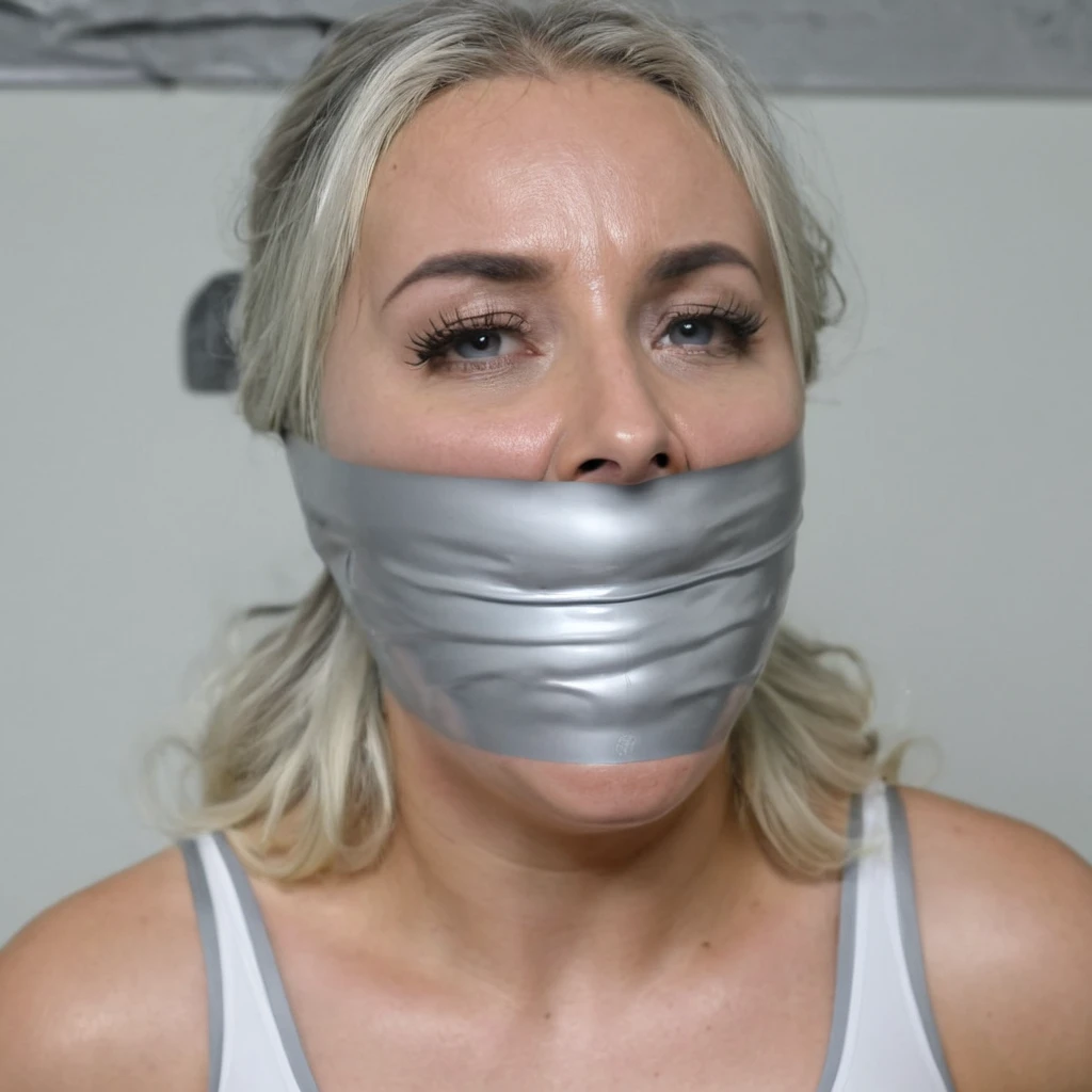 tape gag, 1girl, solo, gagged ,ultra high res, ultra-detailed, 8k uhd, dslr, soft lighting, high quality, (film grain), Fujifilm XT3,  <lora:MS_Real_XL_Taped_Lite:1>