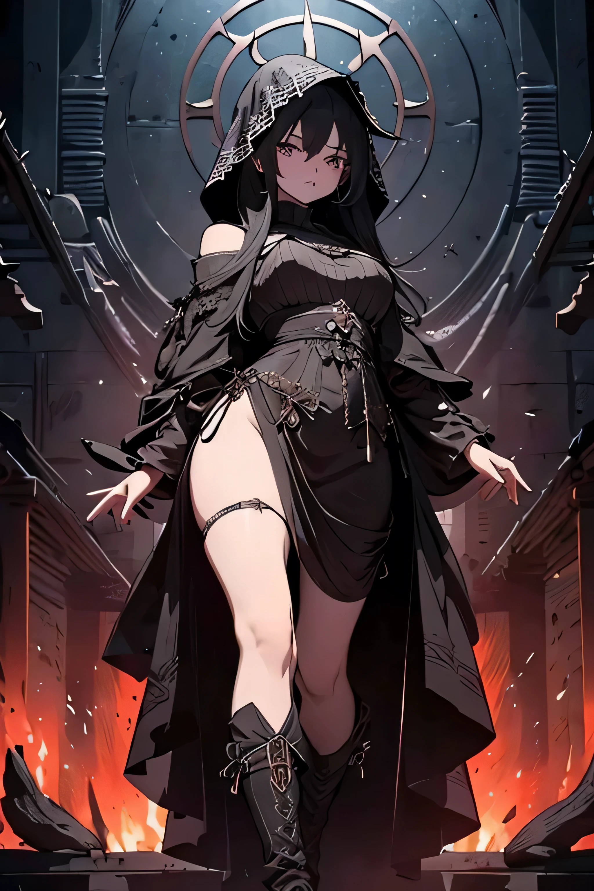 )）、（ lightly dressed 、chest fissure、full body photo、Beautiful legs)、（dark hooded with dark garment tunic、atrocious、 expressionless face 、prisoners sentenced to death、Large perforations、large earrings、standing）、1 girl in、masterpiece、Japanese girl、absurd、high resolution、ultradetallado、Depth of Field、masterpiece、extremely detailed details of CG、3d photography、3D background、Unit、8K、Hi-Nothing、Top quality、vague、enfoque nítido standingl pálida 、a closed mouth、super clear, black sorcery-style tunic with hood covering her head