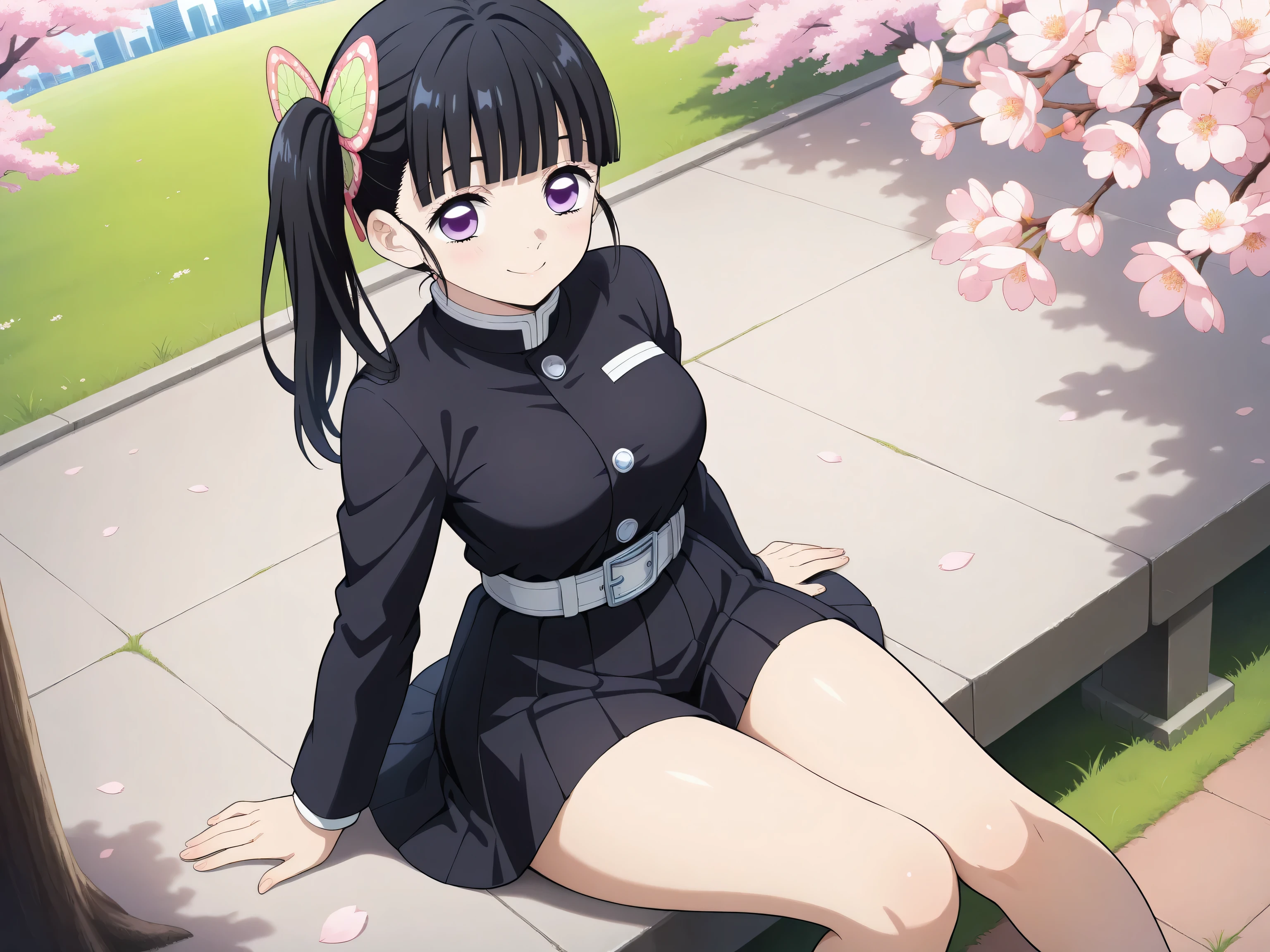 best quality, hot thighs, great quality, very aesthetic, absurdress, masterpiece, 1 maiden, , long hair, black hair,  Side ponytail , hair ornament, style straight bangs, purple eyes, medium sized , black shirt, long sleeves, white belt, pleated skirt, black skirt, sitting on the grass,outdoor, closed mouth, sakura blossoms, smile,  city, road,sits , different poses,different angles 