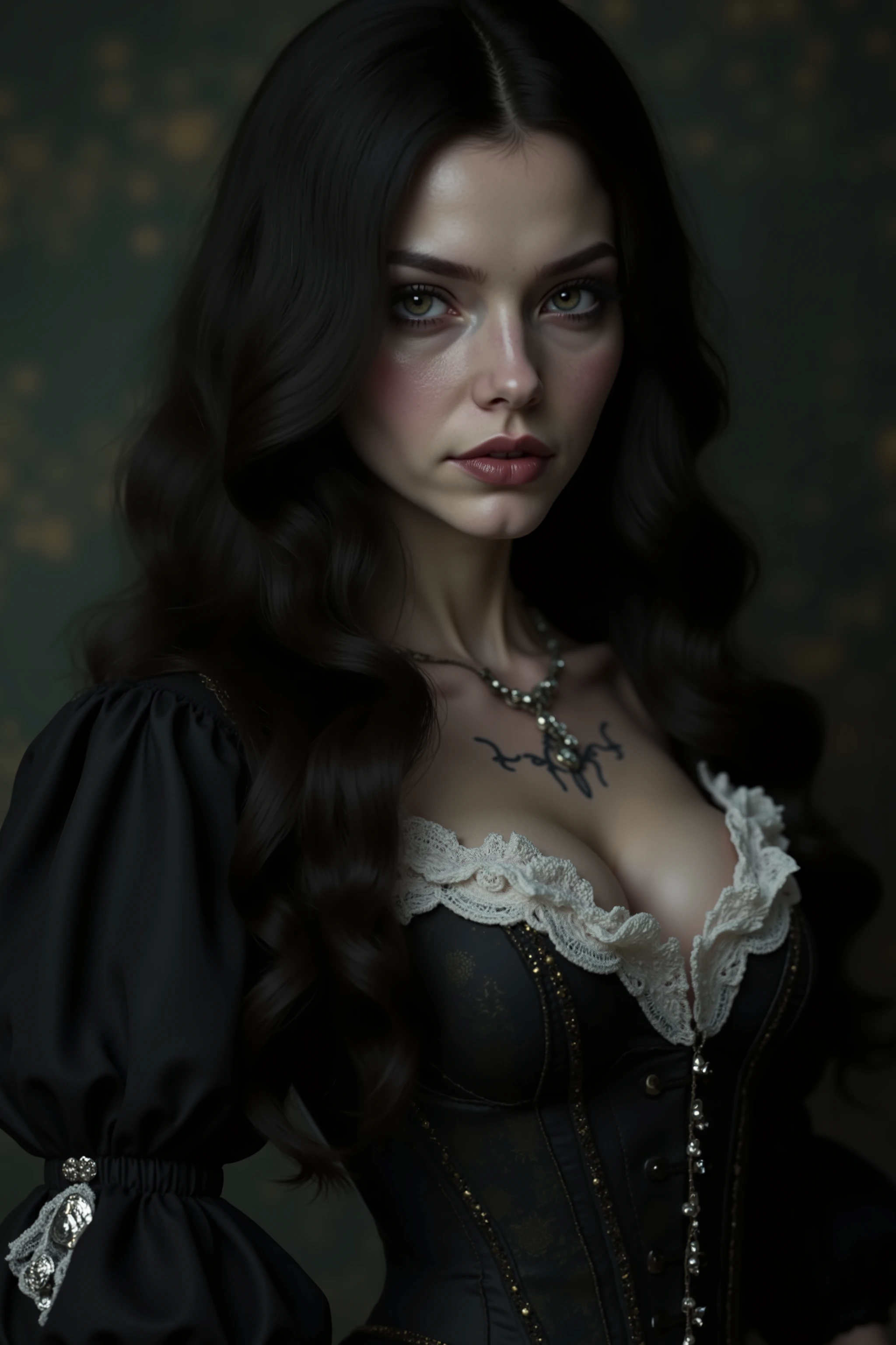 Ethereal gothic portrait of an elegant young woman with renaissance painting qualities: striking porcelain complexion with subtle rosy undertones, dramatically long dark wavy hair cascading past shoulders with professional studio lighting creating silk-like highlights, expertly applied dramatic gothic makeup with smoky eyes and perfectly defined dark cherry lips with subtle gloss, intricate Victorian-inspired black corset with detailed white lace trim and architectural boning structure, ornate embroidered black skirt with delicate white floral patterns, classic black stockings with authentic vintage seams, elegant black and white spectator heels with perfect leather texture, artistic calligraphy tattoo detail on wrist, expression conveying mysterious melancholy with direct gaze, professional beauty lighting emphasizing classical facial features, shot in high-end photography studio with dramatic chiaroscuro lighting, soft rim light creating ethereal glow around hair, extreme attention to fabric textures and intricate details, 8K resolution, medium format camera quality, professional fashion photography style with subtle film grain, natural depth of field focusing on expressive eyes, award-winning portrait composition,ultra-realistic,photo-realistic, ultra-detailed, physically-based rendering, professional movie quality images, icon style, iconic character, hypersensual, a masterpiece 