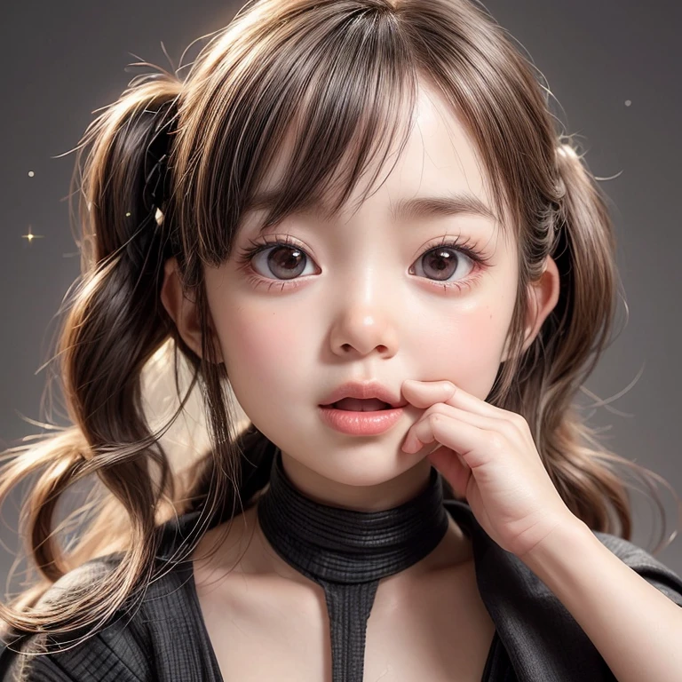 , 8k, High-level, absurd, masterpiece, best quality, primitive, very detailed CG, very detailed wallpaper, perfect lighting, Extremely detailed (((The personifying " Hit Girl " as a Little Girl))), MysticSight, Tyndall effect, Tyndall scattering, Studio gray background with (many Dazzling RainbowColor particles BokeH:1.28), (RoundlyButts, ThighGap), (:0.4), ( with looking ahead), BREAK (NOGIZAKA face variations) Extremely Detailed very KAWAII face variations, perfect , Childish, captivating gaze, elaborate detailed Eyes with (sparkling highlights:1.28), long eyelashes、Glossy RED Lips with beautiful details, Coquettish tongue, Rosy cheeks, Radiant PearlSkin with clear transparency . { (Dynamic LifeLike expressions:1.4) | :d) }, (large eyes:-1) .