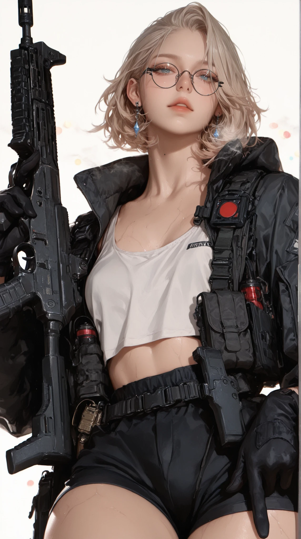 (masterpiece, best quality, raw photo, photorealistic, high resolution, exquisite details, HDR, 8K resolution, ray tracing), (soft lighting, studio shot, simple background, white background, blurred background, dynamic angle, bokeh background, rating_, perfect hand according to anatomy, (1 thumb, 4 fingers), slim body beauty, young girl, detailed face, ),
(one russian woman, pretty face, short textured brown-blonde hair with purle lens googles on top, piercing crystal blue eyes, long eyelashes, beautiful eyes, full lips, striking facial features, Small breasts, slim waist, wide hips and thighs, detailed detailed eyes, dry skin, looking directly at viewer, intense gaze, wearing black tactical army shirt, worn white tank top under matte black military jacket, (tactical chest rig:1.1) with magazine pouches, The protagonist is dressed in tactical gear comprising a heavy-duty dark jacket with visible wear, suggesting experience in challenging environments. The vest is adorned with various pockets and compartments, carrying grenade or ammunition canisters labeled "Smoke" and "Tear Gas," adding to the sense of readiness and tactical engagement. They hold a formidable modified SR-3M Compact Assault Rifle with (panoramic red dot sight:1.3), finger near trigger guard, and multiple tactical attachments, emphasizing a blend of robustness and sophistication. The character’s short, light-colored hair is visible, complementing the edgy appearance upheld by a single black glove. The details highlight a scene from an action narrative, filled with suspense and readiness for engagement),
(Full-body shot, dynamic shot, hyperrealistic skin texture, cinematic lighting, blurred background),