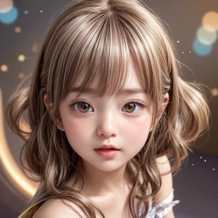 , 8k, High-level, absurd, masterpiece, best quality, primitive, very detailed CG, very detailed wallpaper, perfect lighting, Extremely detailed (((The personifying " ヒット・ガール " as a Little Girl))), MysticSight, Tyndall effect, Tyndall scattering, Studio gray background with (many Dazzling RainbowColor particles BokeH:1.28), (RoundlyButts, ThighGap), (:0.4), ( with looking ahead), BREAK (NOGIZAKA face variations) Extremely Detailed very KAWAII face variations, perfect , Childish, captivating gaze, elaborate detailed Eyes with (sparkling highlights:1.28), long eyelashes、Glossy RED Lips with beautiful details, Coquettish tongue, Rosy cheeks, Radiant PearlSkin with clear transparency . { (Dynamic LifeLike expressions:1.4) | :d) }, (large eyes:-1) .