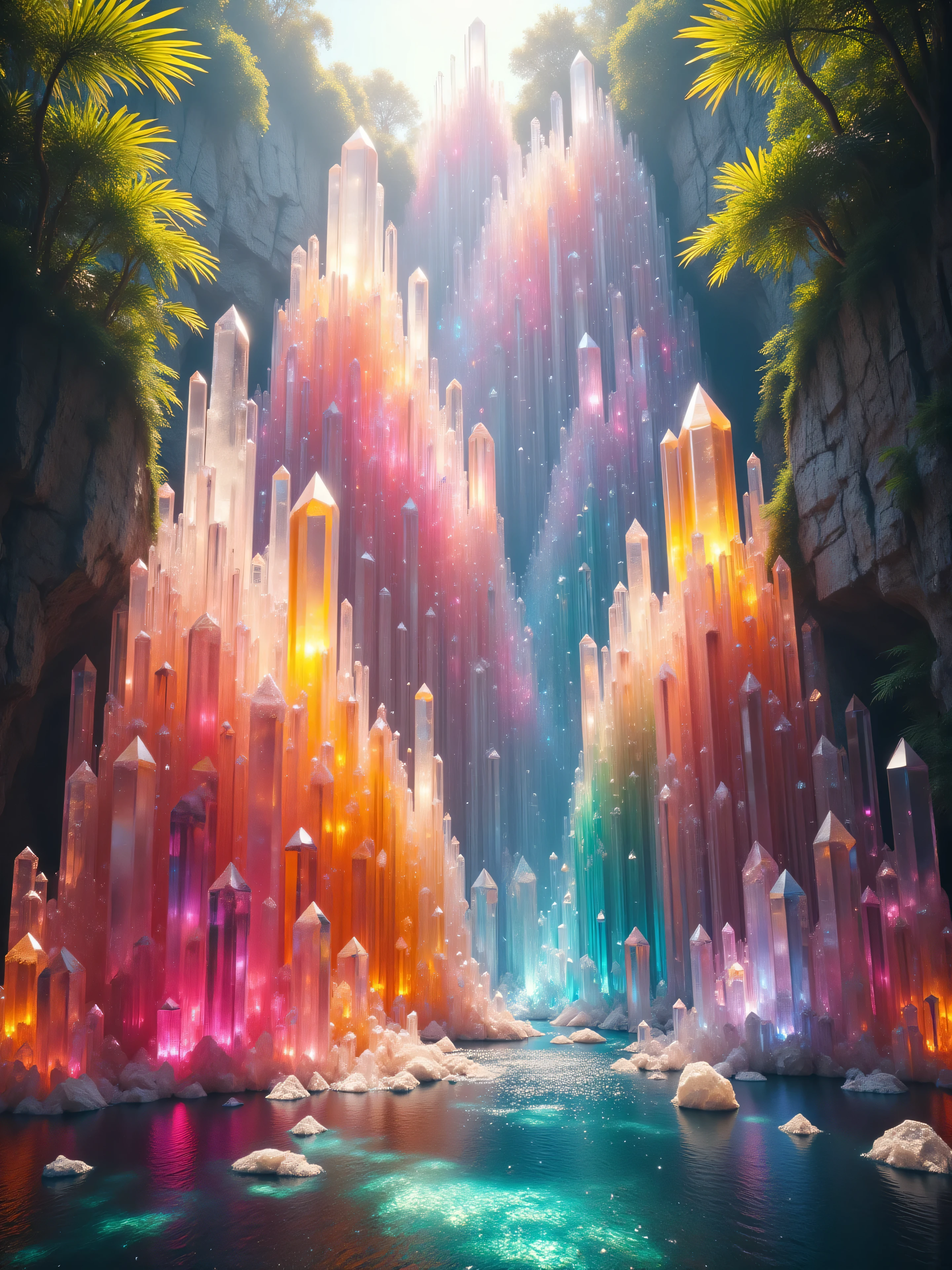 Ultra-realistic, photo-realistic.   A cliff that is 300 feet tall made up of gigantic quartz crystal points that are multicolored translucent pillars in a tropical rainforest. In the middle of these skyscraper sized quartz crystals is an incredible gushing cascading waterfall that pours down into a 6 tiered series of waterfalls. They come together and fill up a beautiful lagoon that is lined with smaller quartz crystals 20 to 40 feet tall. In hues of Pink, Red, Orange, Yellow, Green, Blue, and purple, there are hundreds of quartz crystal formations pointing up and out, making up the walls of the inside of the cliff and protruding from the perimeter of the lagoon. Be sure that they are partially translucent and radiate color in the bright full sunlight.  In this full sunlight, we see thousands more partially clear multicolored quartz crystals down in the lagoon. There are hundreds of giant quartz crystals in and on the cliffs, in the inside edges of the lagoon, and around the waterfall.  Breathtakingly beautiful, stunning, Awe Inspiring, An Awesome Site! 8K Octane, Action Painting, Cinematic, Cinematography, Conceptual Art, Digital Art, Fujicolor, Ultra-realistic Photorealistic, Portrait Photography, Surrealism, Unreal Engine, shine and gloss on the crystals, Cinematic Lighting, Glowing Light, Reflection Light, God Rays, Perspective: up close, macro photography, ethereal, dream-like atmosphere, Ultra realistic, UHD, Super Detailed, Best Quality,  Award Winning, Masterpiece