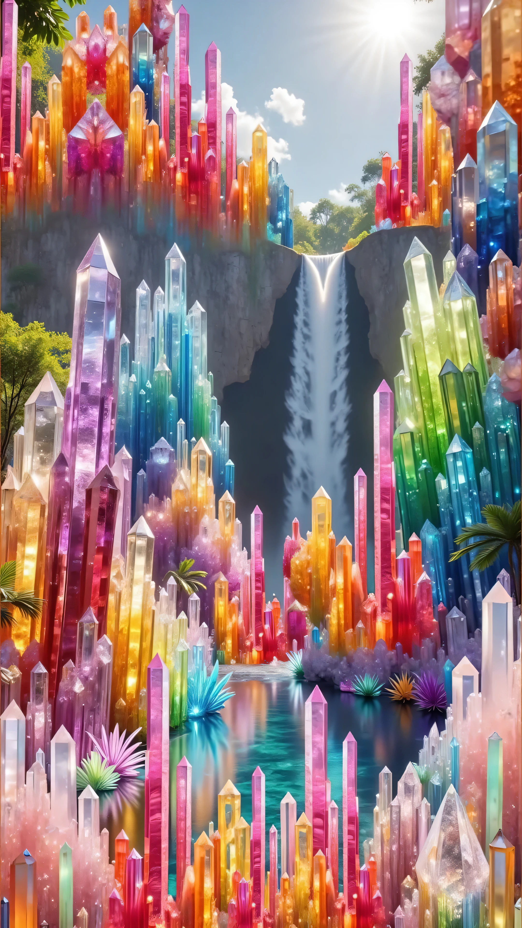 Ultra-realistic, photo-realistic.   A cliff that is 300 feet tall made up of gigantic quartz crystal points that are multicolored translucent pillars in a tropical rainforest. In the middle of these skyscraper sized quartz crystals is an incredible gushing cascading waterfall that pours down into a 6 tiered series of waterfalls. They come together and fill up a beautiful lagoon that is lined with smaller quartz crystals 20 to 40 feet tall. In hues of Pink, Red, Orange, Yellow, Green, Blue, and purple, there are hundreds of quartz crystal formations pointing up and out, making up the walls of the inside of the cliff and protruding from the perimeter of the lagoon. Be sure that they are partially translucent and radiate color in the bright full sunlight.  In this full sunlight, we see thousands more partially clear multicolored quartz crystals down in the lagoon. There are hundreds of giant quartz crystals in and on the cliffs, in the inside edges of the lagoon, and around the waterfall.  Breathtakingly beautiful, stunning, Awe Inspiring, An Awesome Site! 8K Octane, Action Painting, Cinematic, Cinematography, Conceptual Art, Digital Art, Fujicolor, Ultra-realistic Photorealistic, Portrait Photography, Surrealism, Unreal Engine, shine and gloss on the crystals, Cinematic Lighting, Glowing Light, Reflection Light, God Rays, Perspective: up close, macro photography, ethereal, dream-like atmosphere, Ultra realistic, UHD, Super Detailed, Best Quality,  Award Winning, Masterpiece
