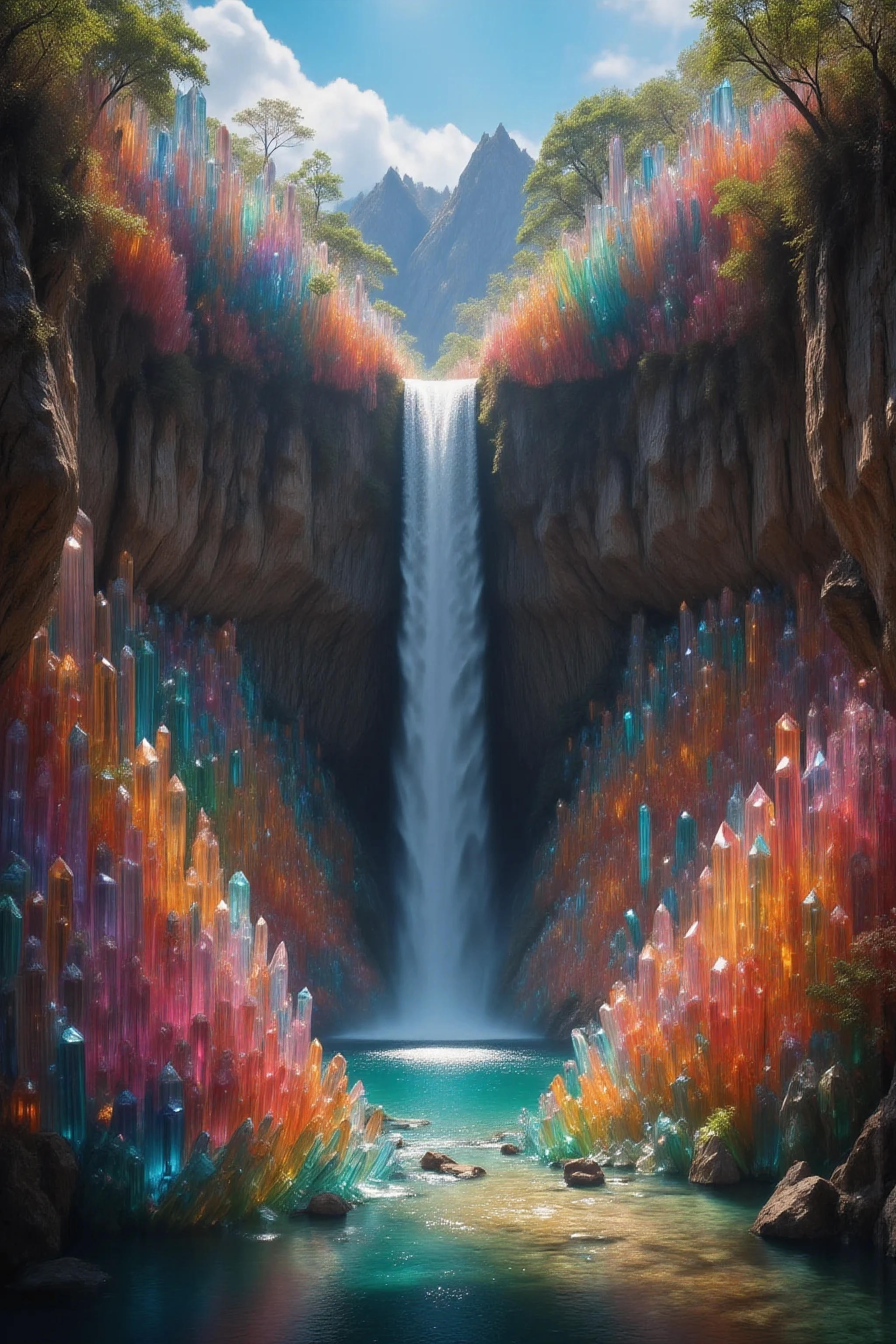 Ultra-realistic, photo-realistic, ultra-detailed, physically-based rendering, landscape, Eppa Falls、Kunene River Falls on the border between Namibia and Angola in Africa, a mist of water vapor coming from the end of the waterfall with a rainbow effect. A cliff that is 300 feet tall made up of gigantic quartz crystal points that are translucent different colored pillars in a tropical rainforest. In the middle of these skyscraper-sized quartz crystals is an incredible gushing, cascading waterfall that pours down 300 feet into a beautiful lagoon that is lined with a hundred smaller quartz crystals 20 to 40 feet tall. In hues of Pink, Red, Orange, Yellow, Green, Blue, Purple, and sparkling clear, there are hundreds of crystals and they are partially see-through and radiate color in the bright full sunlight of the day.  Cliff wall is solid crystals with no spaces netween them, the smaller 20-40 ft. tall crystals are very plentiful and are in layers with little to no space between them. Ultra-realistic, ultra-crystalistic, iconic style, Breathtakingly Beautiful, Stunning,  8K Octane, high-res, Cinematic, Cinematography, quartz crystal Art, Fujicolor, Photo-realistic, cinematic photography, Surrealism, Unreal Engine, Cinematic Lighting, Glowing Light, Reflection Light, Ray Tracing, God Rays,  UHD, Super Detailed, Best Quality, many hundreds of translucent different colored quartz crystals in these images! A Masterpiece.
