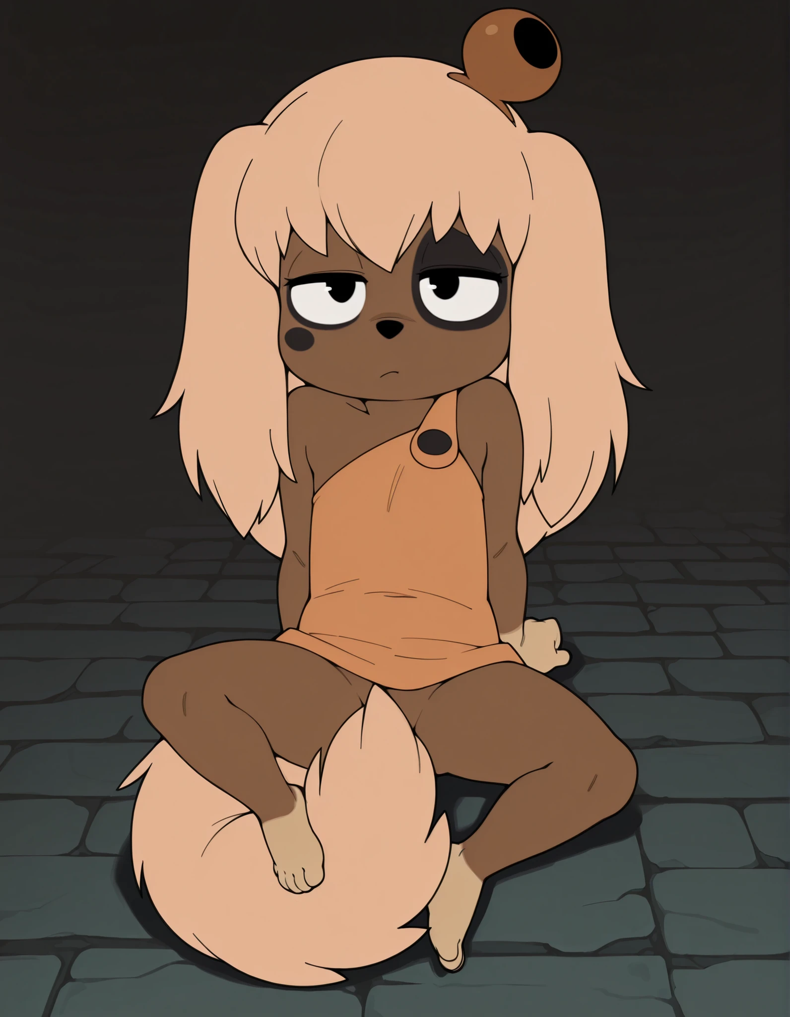 masterpiece, best quality, very aesthetic, 1girl,, solo, (lilotte), (tail covering crotch:1.3), solo, young, 1girl, dog ears, long hair, furry female, dog tail, long tail, big tail, barefoot, looking at viewer, blonde hair, black eyes,