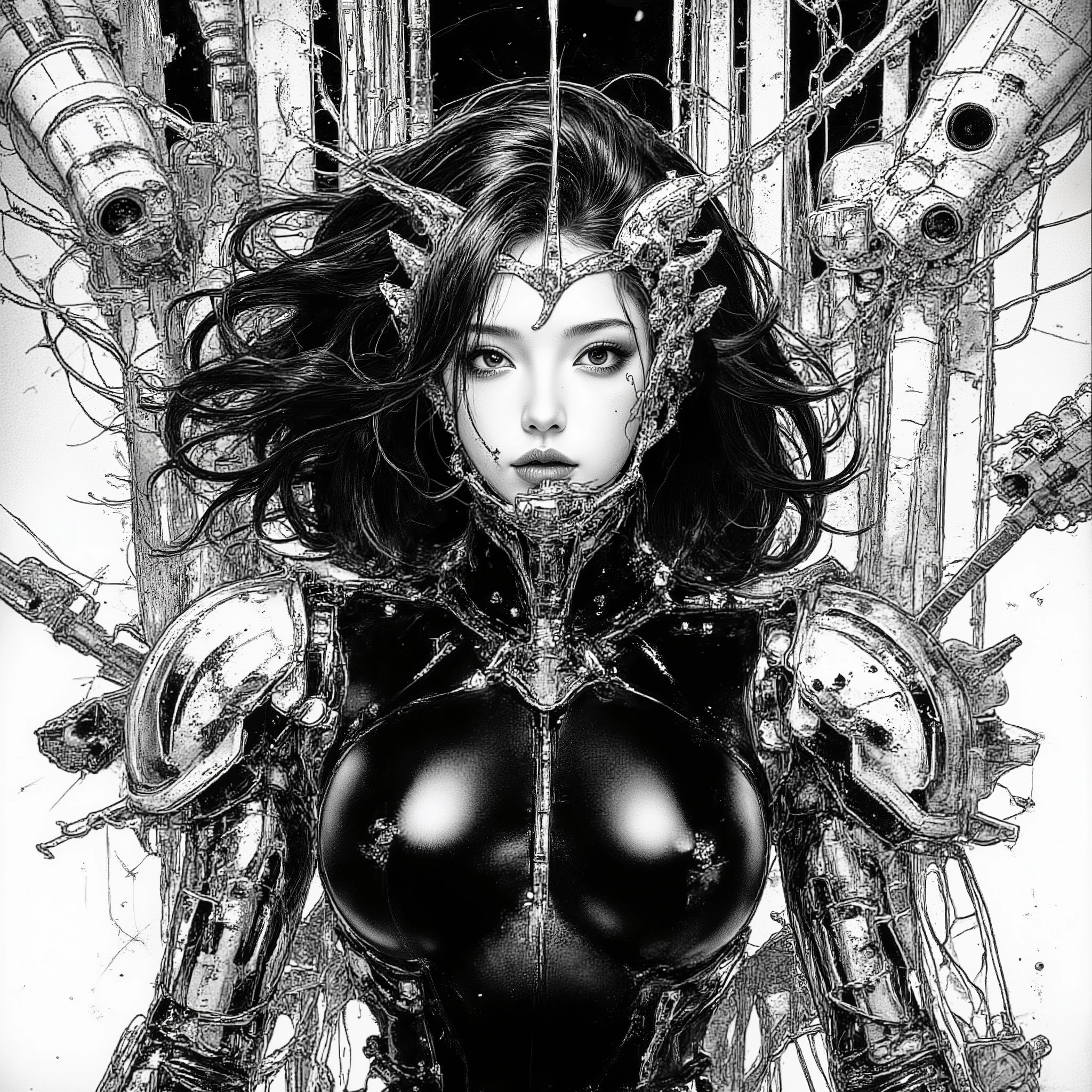 ((best quality)), ((masterpiece)), (detailed), perfect face of cyberpunk mecha japanese girl, shiny black eyes, shiny black body, shiny black hair, ((monochromatic black color palette)), surreal, in the illustrative style of moebius, spaceships, aliens, fantasy, sci-fi, graphic novel, line drawing, bizarre, gallery worthy, work of uncanny art, big breasts, cleavage,
