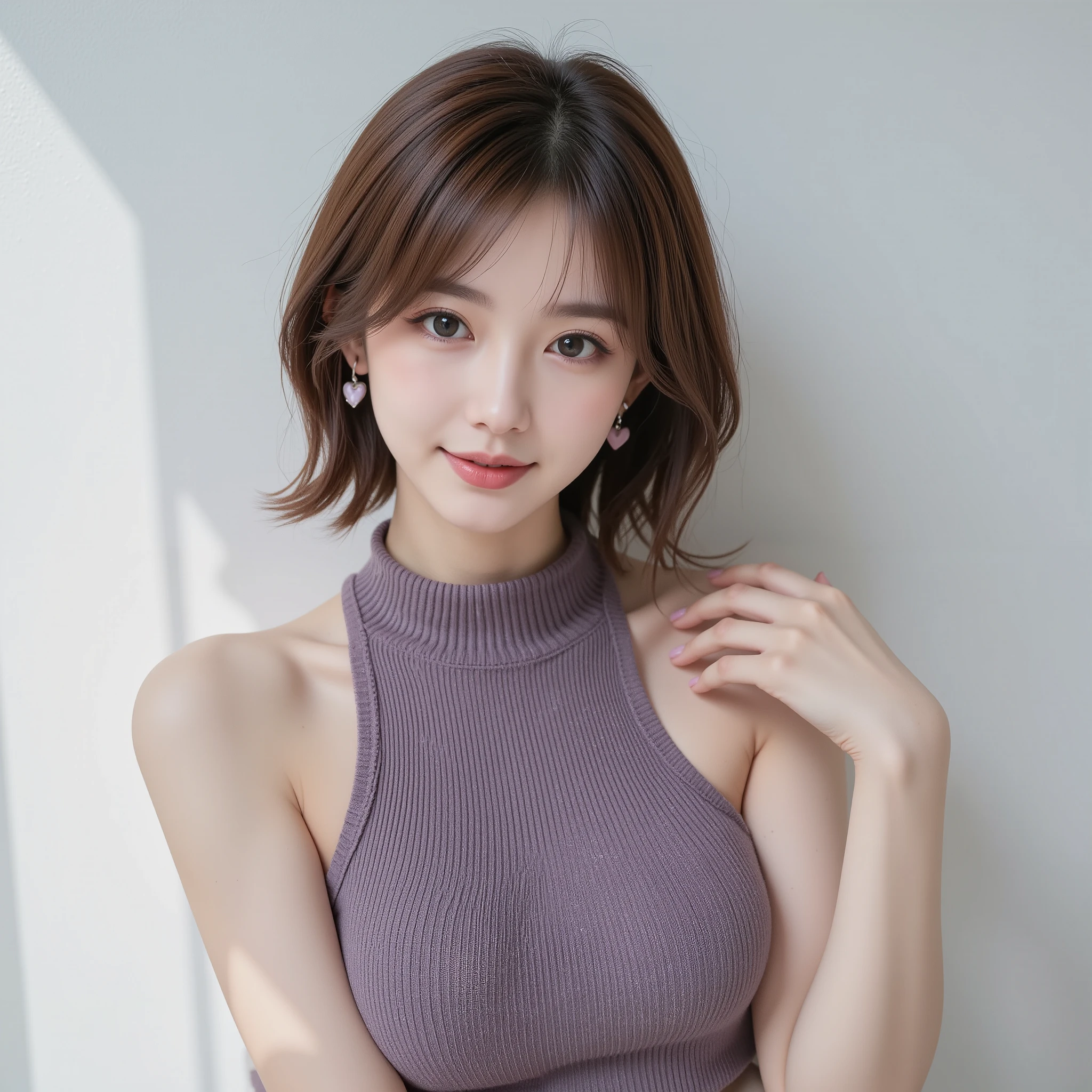 NSFW, (Highest quality), (Ultra-precise CG 16K wallpaper), (Realistic), (High saturation), (Sharp), (Full screen image), Beautiful detailed shading, Beautiful natural lighting, Beautiful detailed glow, Natural light, Depth of field, Zoom in, (Mature 24-year-old woman, One person), (Beautiful Japanese face), (Soft wavy semi-long hairstyle with bangs down), (Shiny brown hair), (Sparkling eyes), (C cup size breasts), (Full chest), (Beautiful breasts), (Beautiful legs), (Beautiful skin), Beautiful proportions, (Accurate depiction of fingers), (Afternoon sunlight), (Woman smiling with mouth open: 1.0), (The woman is looking at me), (Woman wearing a purple-gray sleeveless high-neck ribbed knit crop shirt), (Wearing heart-shaped earrings), (Pose with hands behind neck), (White wall), (Bust shot of woman), (Image of woman viewed from three-quarter front), (Woman standing in front of a wall),