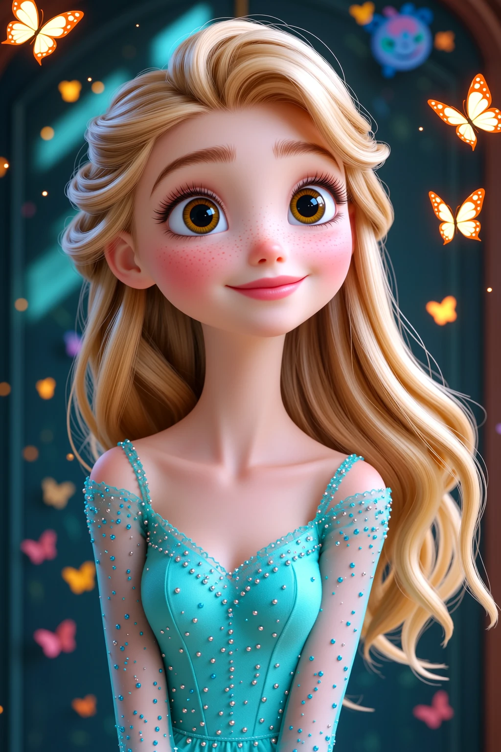 a with long golden hair, sparkling blue eyes in a light blue nightgown.
she is holding hands with a fairy with fairy wings, blonde hair and pink dress