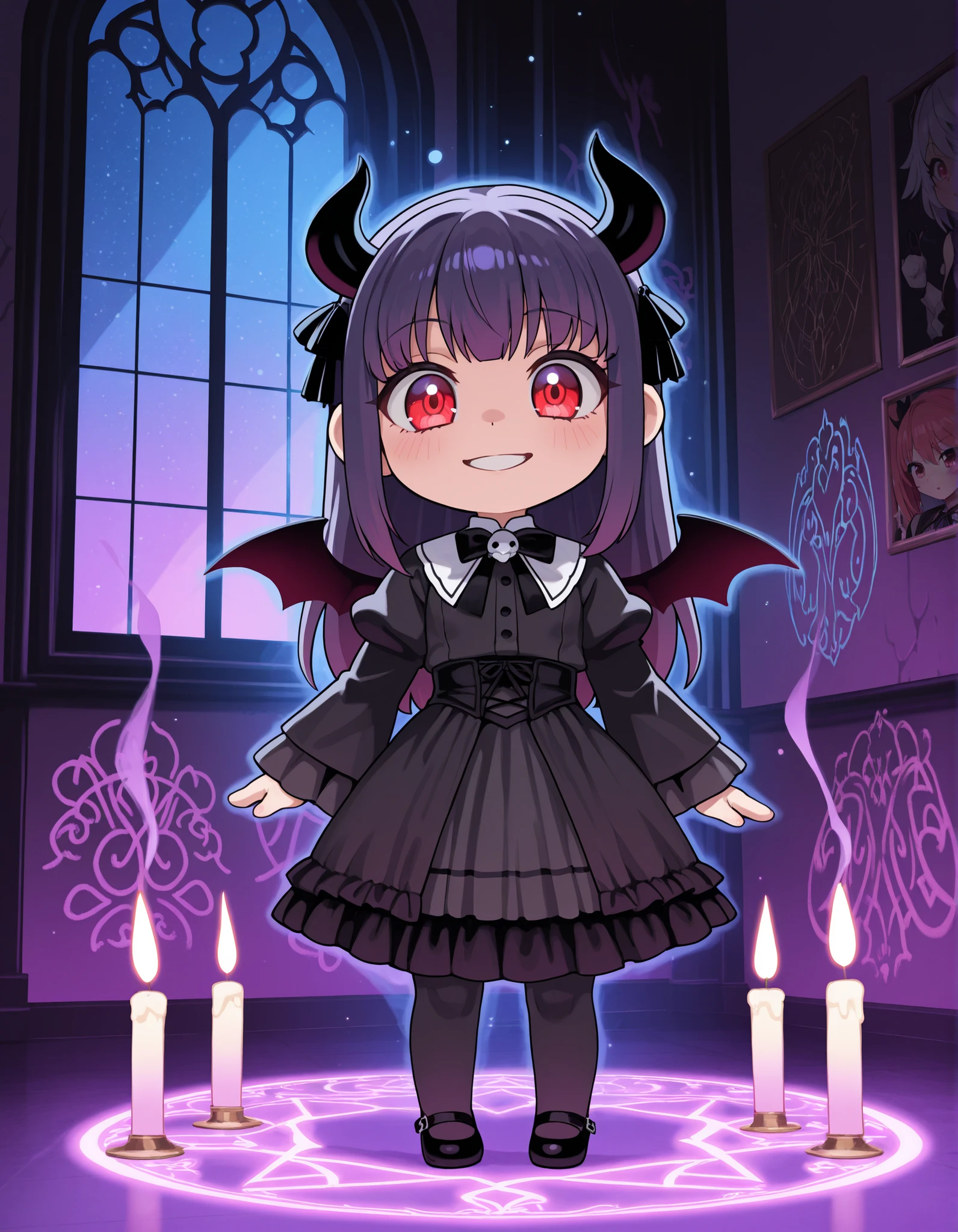 visible nipples and vagina,a young anthropomorphic goth woman in 3D anime style smiling sweetly with a mischievous twinkle in her red eyes, wearing a dark Gothic lolita dress with intricate lace and magical accessories, small devil horns on your head; On his left side , a chibi version of the flying devil of herself with small wings and a fiery expression, as if whispering evil plans, maliciously shining; On his right side , a chibi version of a goddess of herself that looks exhausted and overwhelmed, floating weakly with small angel wings and faint golden flashes
Background: a dark magic classroom stylized inside a devil's academy, with glowing slate runes, floating candles, and crooked Gothic windows projecting colored rays of light; glowing purple fog on the ground, graffiti and magic charms on walls
Highly detailed cel-shaded anime: rendered style, lighting and ultra sharp textures, soft ambient occlusion, shiny finish on magic objects and eyes, fabric texture with light specular sheen, subsurface dispersion of the subtle skin, expressive anime shaders
Effects: contour light around the main girl and the chibi characters, shiny particles in the air, soft drop of shadows, volumetric lighting with pastel tones, cinematic depth of focus, expressive character lighting with rebound light
Ambience: mischievous but chaotic, like a scene from a battle of magic jokes in an anime