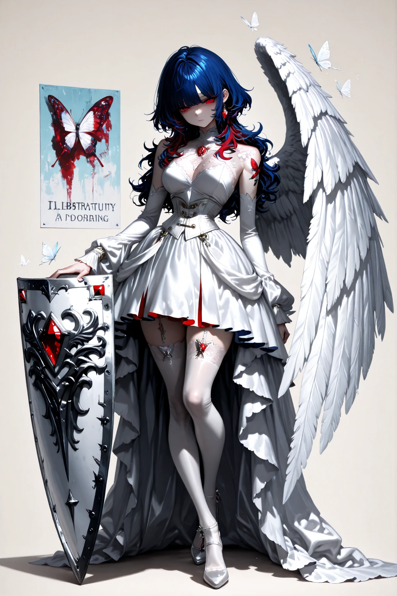 wolf cut, fluffy hair, voluminous hair, wavy parted in the middle, wavy bangs, wavy hair, side angle, full body, character in the right corner of the image with the body turned to the left of the image, (masterpiece, vivid colors, 4k), {1woman}:(a beautiful and attractive woman with "long blue hair:1.2" with red highlights and a hairstyle with bangs, red rectangular eyes with half slits, a very detailed earring made of red jewels, wearing an all-white outfit with a white V-shaped dress with a white corset, white high-heeled shoes and delicate white stockings, on the left arm a large white shield full of red jewels adorning it, has only a white wing on the left side, on the right shoulder a butterfly tattoo with a small holographic butterfly), illustration as a poster, neutral background, no background, neutral background