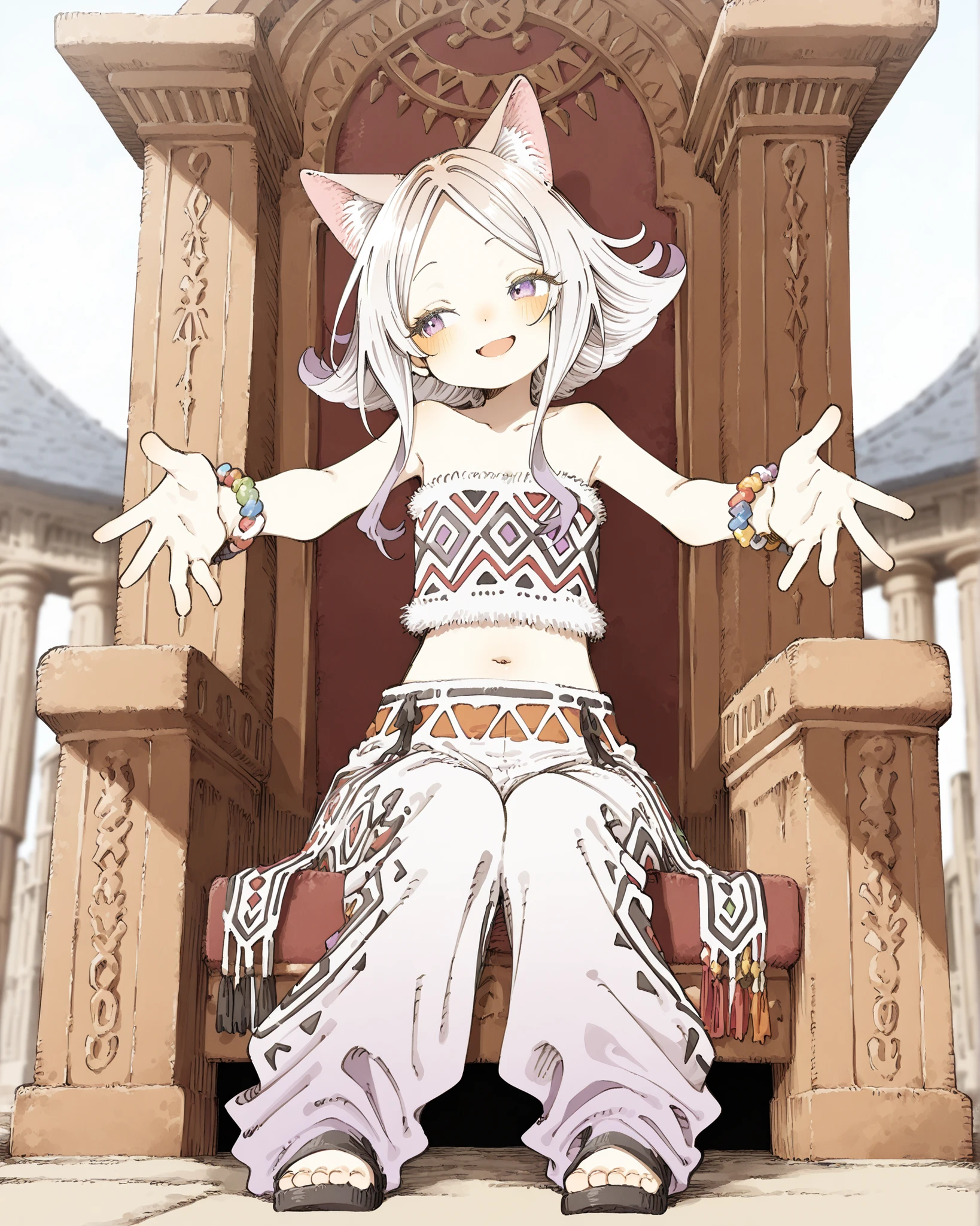 ((Abara Heiki Style)), ((Masterpiece)), ((best quality, amazing quality)), ((very aesthetic, absurdres, newest, scenery)), ((detailed background, negative space, blurry background, depth of field)), (dynamic angle), (full body), ((1girl)), cute young girl, (Healthy Gaunt body, Textured skin, small , tilt head), Glossy hair, (long parted bangs, cute forehead, long sidelooks), (platinum-gold hair, flipped hair, gradient hair), (open mouth wide), smile, blush, (pale purple eyes, gradient eyes, averting eyes, looking at side), big eyes, (put on cat ears), (cute cheeks), glossy lips, pouty lips, (lower eyelashes), BREAK, unconventional bracelets, (pale brown color tubetop, Embroidered Tribal tubetop, strapless, fuzzy tubetop, foamy tubetop, Fringes decoration), Embroidered Tribal harf pants, cute navel, exposed Lower abdomen, Beautiful collarbone, (incoming hug, reaching out arm at front), ((loose sitting on the primitive throne, outdoor)), Ancient Temple, european architecture,