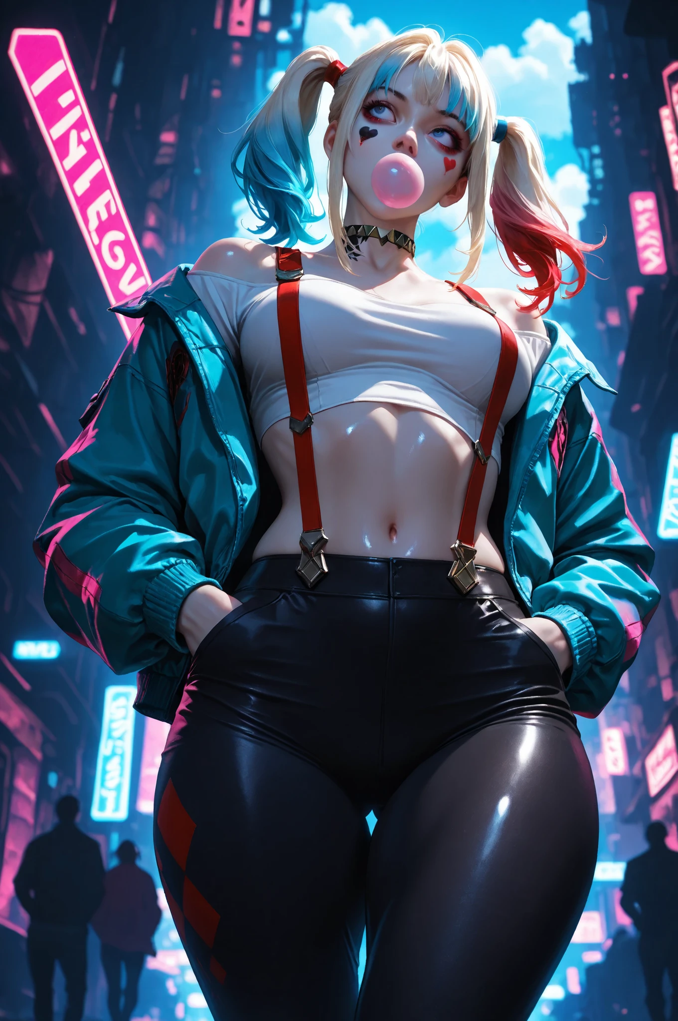 masterpiece, best quality, vibrant, very aesthetic, high contrast, semrealistic, newest,
scenery, neon rim light, dark, Harley Quinn, medium perky breasts, wide hips, huge butt, thick thighs, black leggings, crop top white shirt, (neon suspenders:1.2), teal open jacket, off-shoulder, , sidelocks over shoulder,cowboy shot,from below, dutch angle, shiny dark eyes,looking away, hands in jacket pockets, chewing gum, face focus, fine fabric emphasis, dynamic walking pose, twisty pose, head tilt, navel, wide shot, shiny skin, cyberpunk, BREAK, eyes, detailed eyes, masterpiece, best quality, amazing quality, very aesthetic, high resolution, ultra-detailed, absurdres, newest, scenery, depth of field, volumetric lighting, blue cloud tattoo on right arm and right side of body including neck