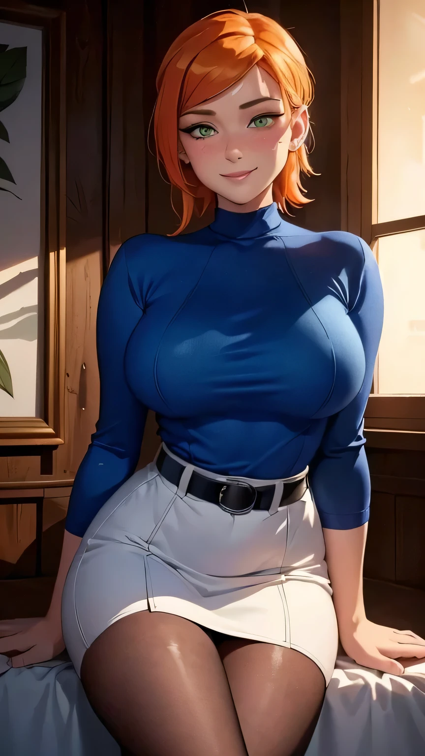 Gwen tennyson,(best qualityer,4K,8k,high resolution,work of art:1.2)(weather: sunset), forest clearing background, freckles, blue long sleeve sweater, white shirt, black bodycon skirt, tight pantyhose, belt, high heels, long straight hair, ginger hair, ultra detailed,realisitic,portraite,beautiful detailed green eyes, glowing eyes,blush,beautiful detailed lips,extremely detailed eye and face, long eyelashes,sexly,average, medium breasts,beaming smile, sexy smile,powerful girl, flirty pose, stunning curves,bright coloured,dramatic lighting,