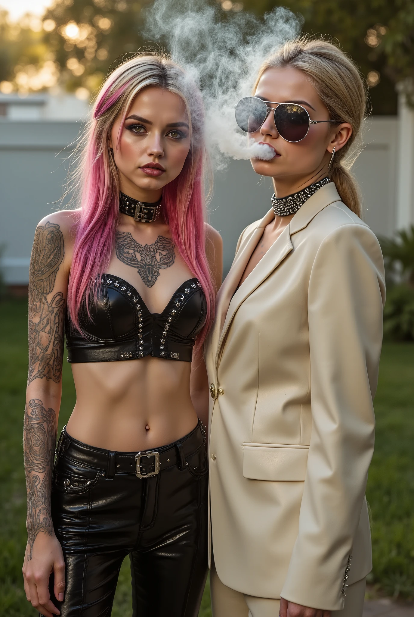 Girl neon hair and completely covered with intricate tattoos wears a glossy black leather  decorated with steel spikes, black leather collar with buckle. Tattooed hands. Purple eyes, smoky black eyeshadow. Standing in a suburban garden on a sunny day. Beside her is a beautiful blonde woman in a wet-look cream vinyl fitted business suit (the pants are baggy and flared) and white rimmed sunglasses, black leather choker with steel spikes, she exhales a large cloud of smoke from her mouth. Warm lighting.