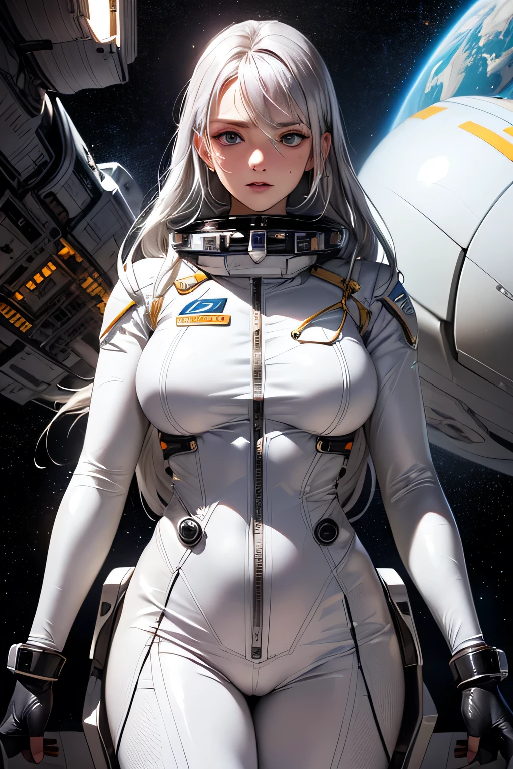 perfect anatomy　top quality,highest resolution,((( shiny white bodysuit　Space Suit　Shiny Silver Hair　long hair)))　unlimited routes　Space Opera　spaceship　cockpit　cool