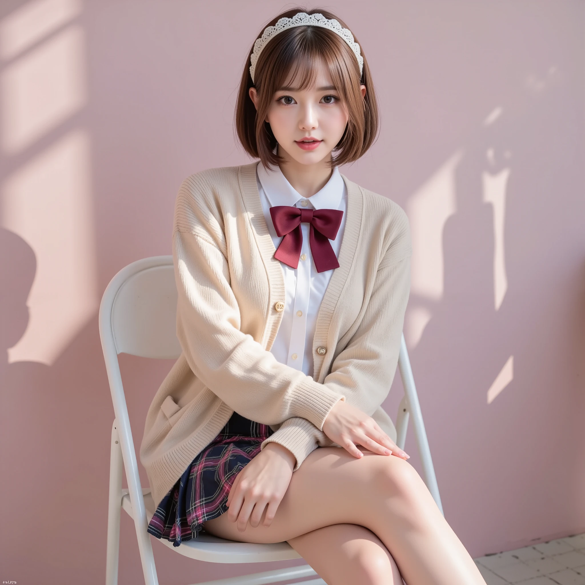 NSFW, (Top Quality), (Ultra-Precise CG 16K Wallpaper), (Realistic), (High Saturation), (Sharp), (Full Screen Image), Beautiful Detailed Shading, Beautiful Natural Lighting, Beautiful Detail Glow, Natural Light, Depth of Field, Zoom In, (Mature 24-Year-Old Woman, One Person), (Beautiful Japanese Face), (Straight Short Bob Hairstyle with Bangs Down), (Shiny Brown Hair), (Sparkling Eyes), (C-Cup Size Breasts), (Breast Swelling), (Beautiful Breasts), (Beautiful Legs), (Beautiful Skin), Beautiful Proportions, (Afternoon Sunlight), (The Woman is Looking at the Camera with Her Mouth Open in Surprise: 1.2), (The Woman is Looking at the Camera with Her Mouth Open in Surprise: 1.2) me), (The woman is wearing a beige cardigan, a white shirt, a wine-red bow tie, and a navy and pink tartan pleated miniskirt), (wearing a white lace headband), (posing with her arms crossed), (light pink wall), (full-body shot of the woman), (image of the woman seen from the side at an angle), (The woman is sitting on a folding chair),