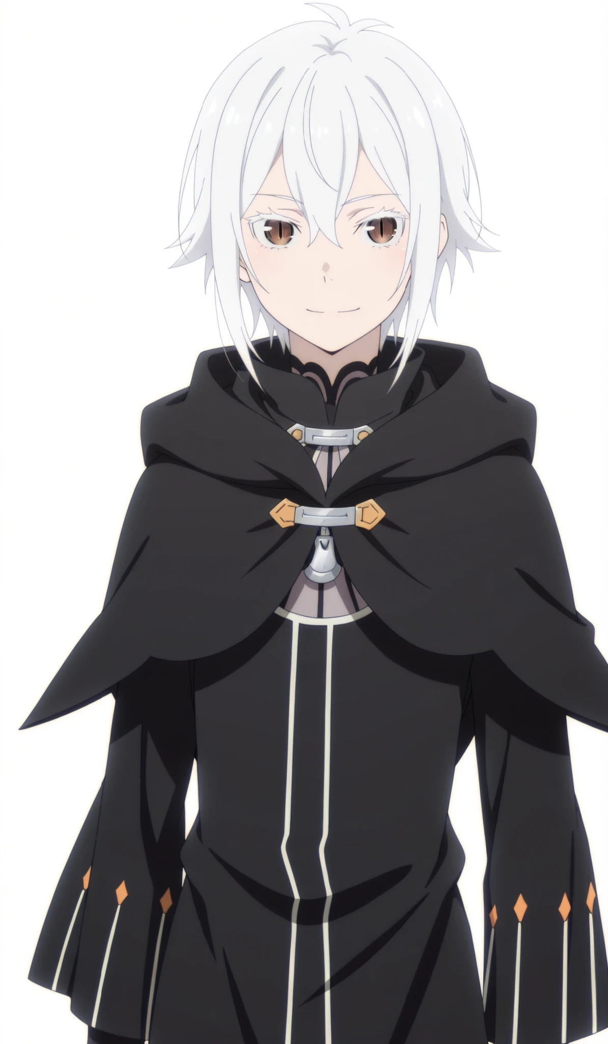 (official art), anime_source, source_anime, Шедевр, лучшее качество, потрясающее качество, (((anime screencap))), anime drawing, (high detail), (masterpiece),(best quality),(ultra-detailed),((best illustration)),((very aesthetic)), alone, 1 boy, Natsuki Subaru, smile,, hair between eyes , short hair , white hair , slit pupils , brown eyes , white eyelashes, (looks at the viewer), empty background, (((white background))), standing, black robe