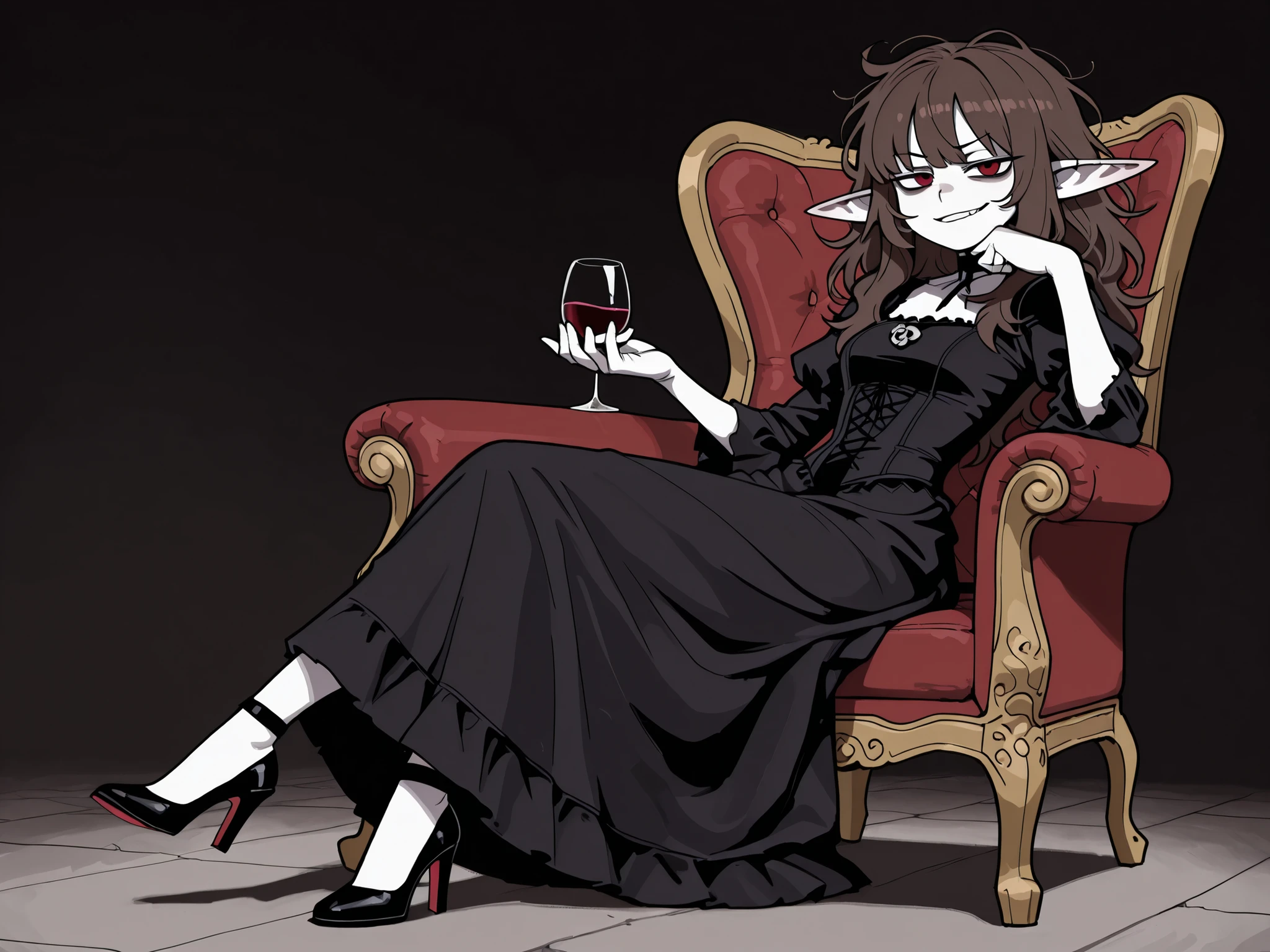 masterpiece , best quality , amazing quality , very aesthetic, woman, white skin, pale skin, tall, rounded elf ear, red eyes, drooping eyes, cold look, white pupil, long messy hair, brown hair, bangs, sharp canines, smirk, black gothic dress, heels, sitting in a chair, relaxed, drinking wine, elegant pose 