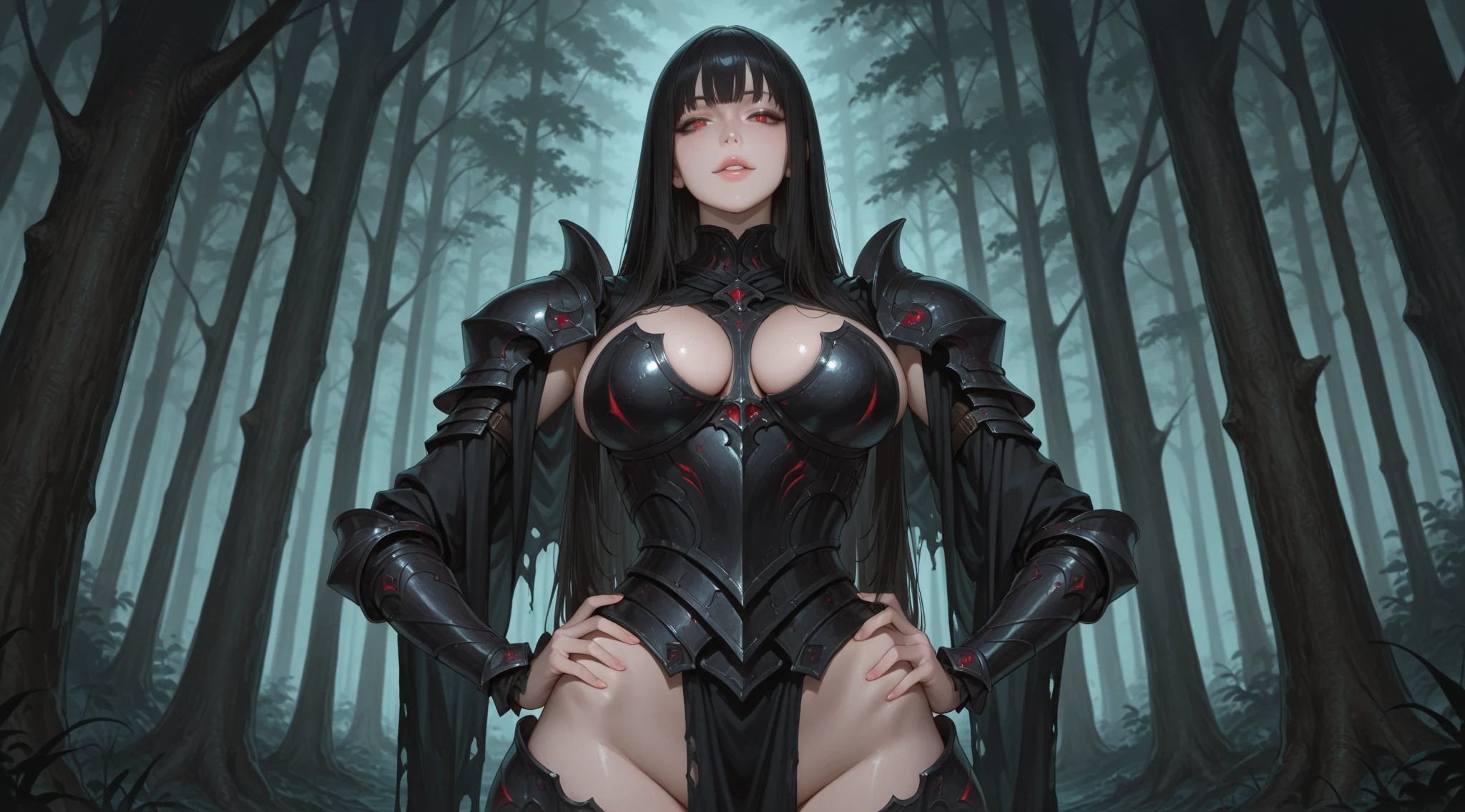 ((1 cyborg woman, bionic arms with sharp claws, demon mask covering her face)),((giant ???????, ???? ???????, ????? ?????, ????? ???????, hand on ?????)),((black hair, 1 red eye )),((stopping in a haunted forest, at night)),

u