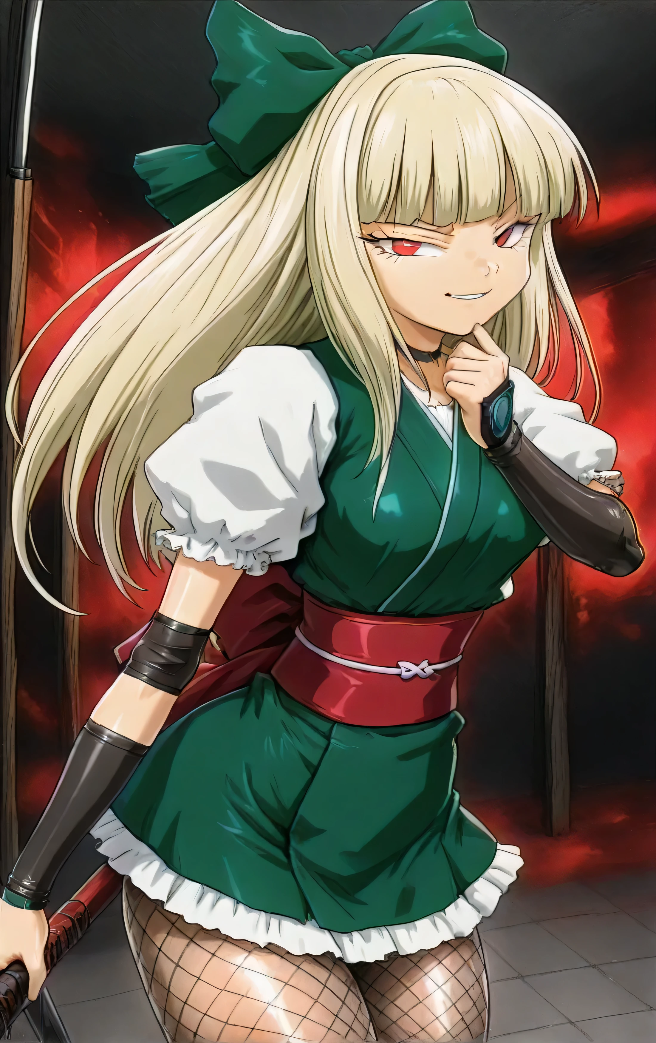 1girl,Shogun,Asbotsenki Mari ,solo ,1990s \(style\),Blonde,red eyes ,Half Closed Eyes  ,baggy bangs,puff sleeve,hair bow,green bow,long hair at Boro-Yado,Elbow pads,fishnet tights,Green Dress,(shiny skin:1.5),(evil smirk:1.3),,,Highest Quality,masterpiece,Newest,