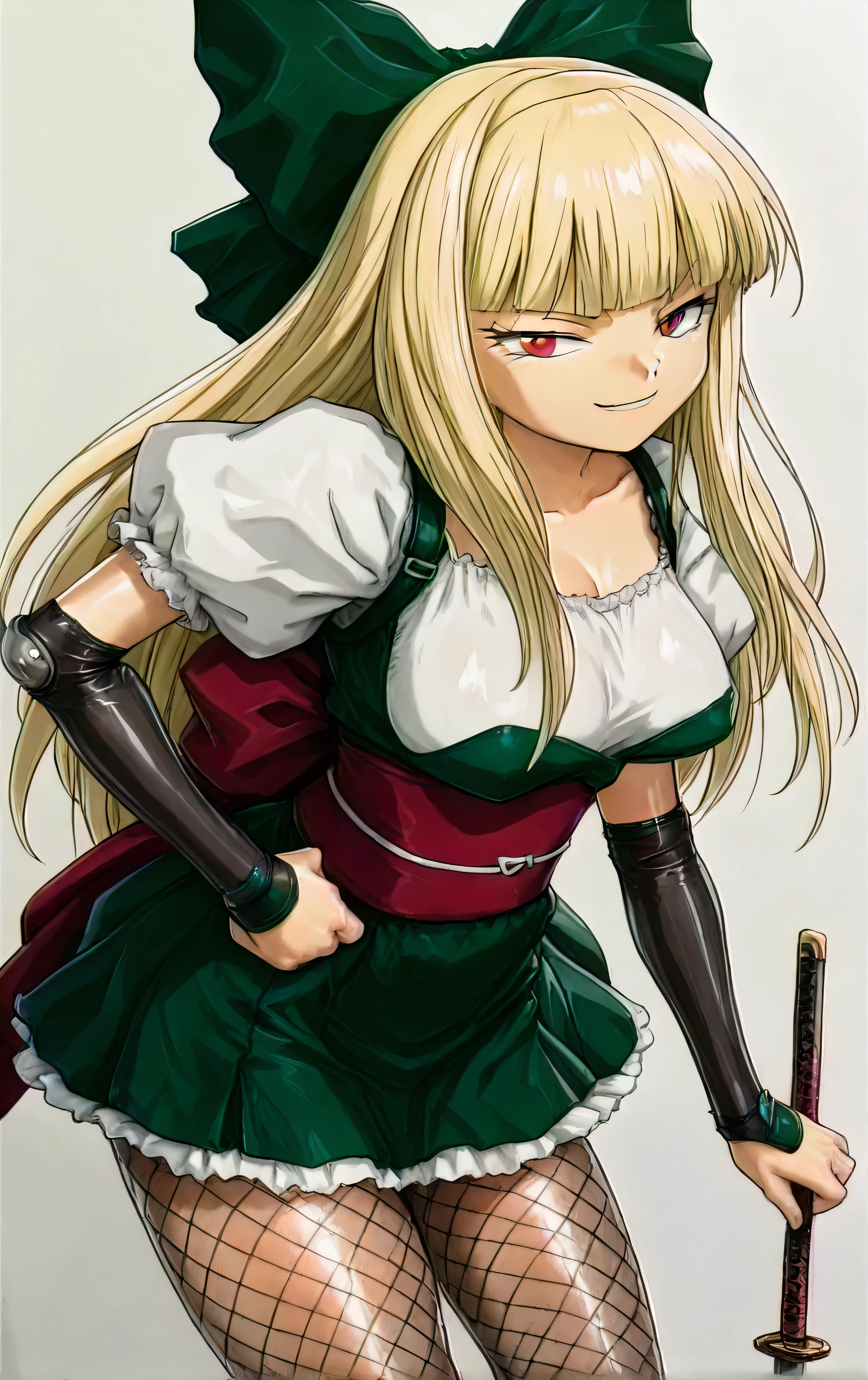1girl,Shogun,Asbotsenki Mari ,solo ,1990s \(style\),Blonde,red eyes ,Half Closed Eyes ,baggy bangs,puff sleeve,hair bow,green bow,long hair at Boro-Yado,Elbow pads,fishnet tights,Green Dress,(shiny skin:1.5),(smirk:1.5),,,Highest Quality,masterpiece,Newest,