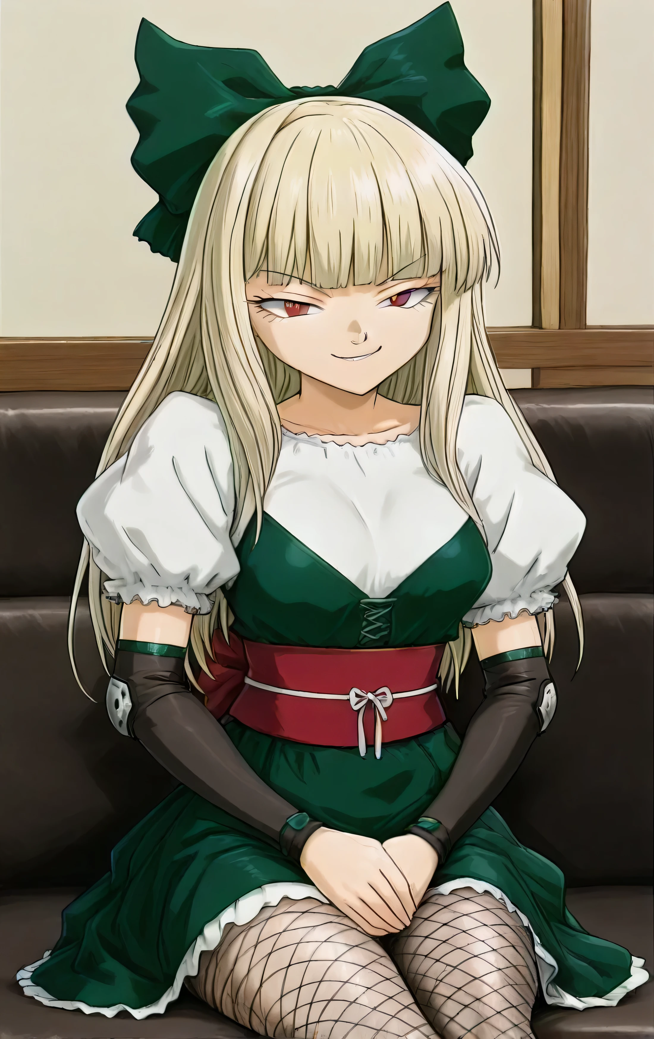 1girl,Shogun,Asbotsenki Mari ,solo ,1990s \(style\),Blonde,red eyes ,Half Closed Eyes ,baggy bangs,puff sleeve,hair bow,green bow,long hair at Boro-Yado,Elbow pads,fishnet tights,Green Dress,drawer,indoors,Home,Room,Sitting,Put your hands on the couch,(smirk:1.5),,,Highest Quality,masterpiece,Newest,