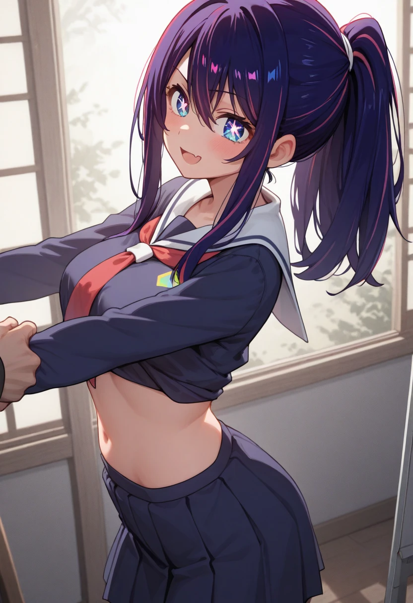 (Incredibly ridiculous absolute resolution:1.5)、(supreme: 1.5)、(top-quality: 1.5)、hight resolution、1 girl in、Purple hair、‎Classroom、Fluttering hair、Longhaire、blue eyess、Pentagram in the eye、radiant eyes、finely eye、JK school uniform、skirt by the、独奏、Navel、pleatedskirt、、sit on desk、Sunlight shines through the window、a navel、white  shirt、A smile、Colossal ????、Lifting the skirt with your hands、I see ?????????